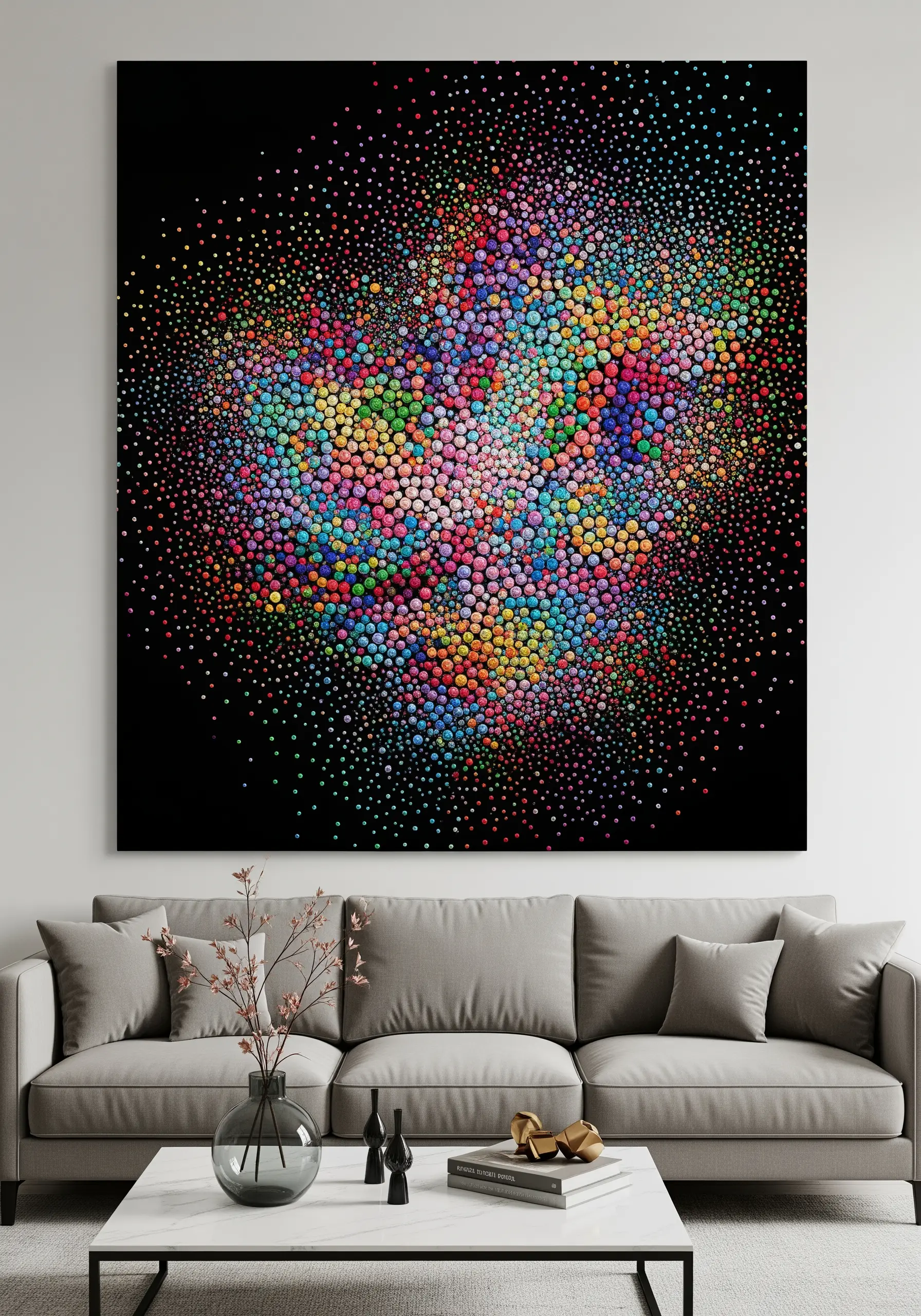 A large abstract canvas covered in a dense explosion of colorful 3D dots.