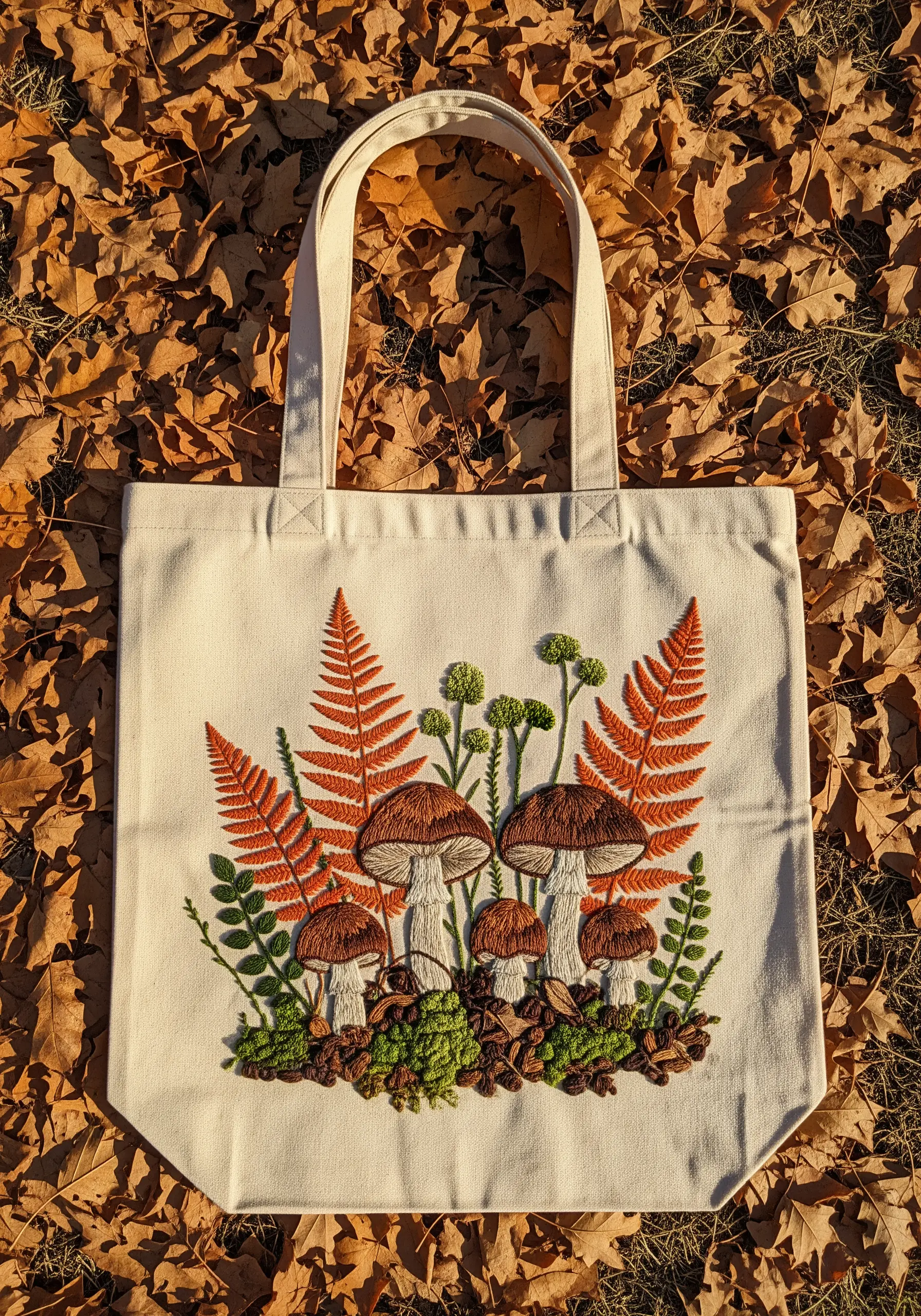 An embroidered forest scene with ferns, mushrooms, and mossy textures on a tote bag.