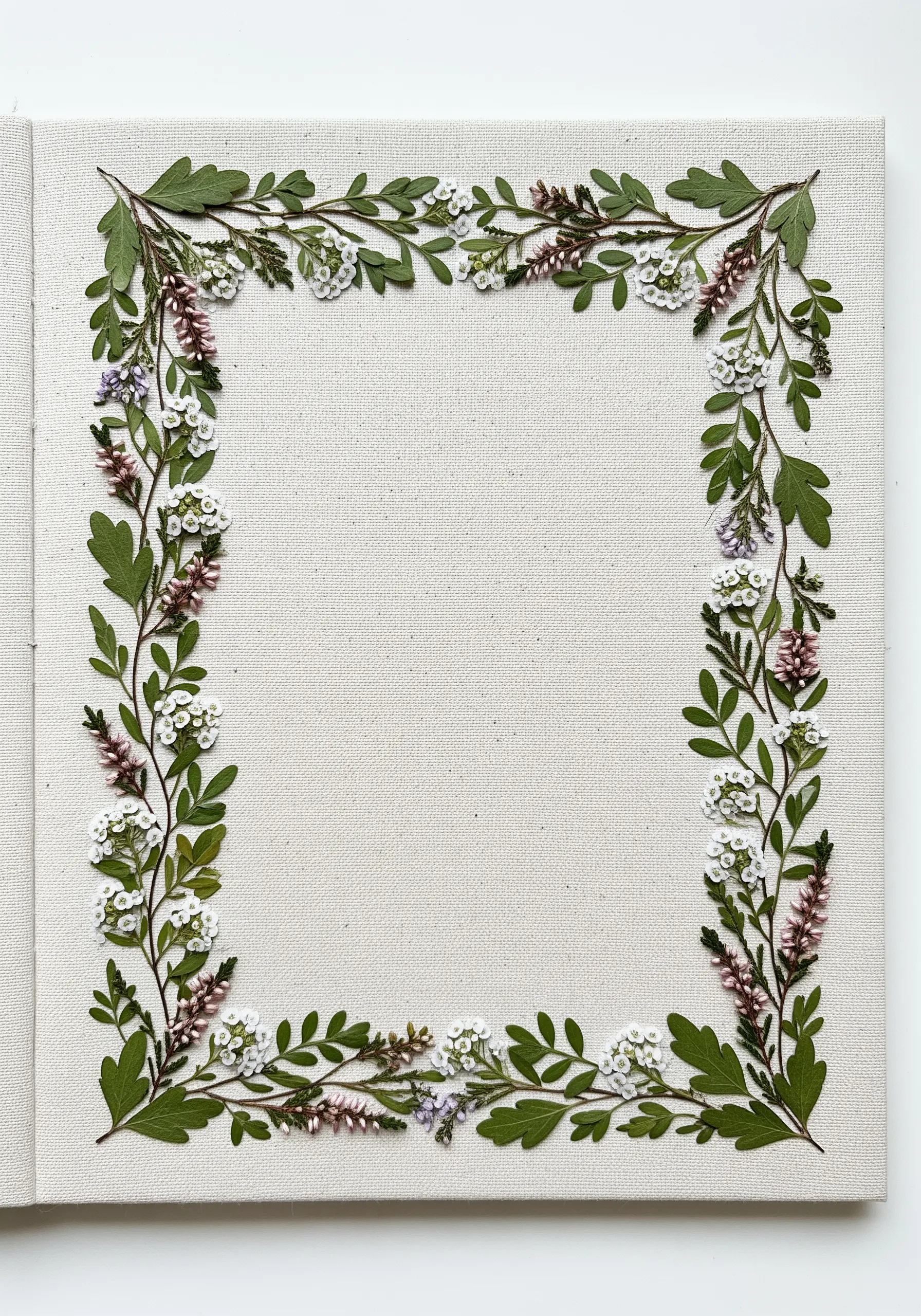 A dense, square frame made entirely of various pressed green leaves and tiny flowers.