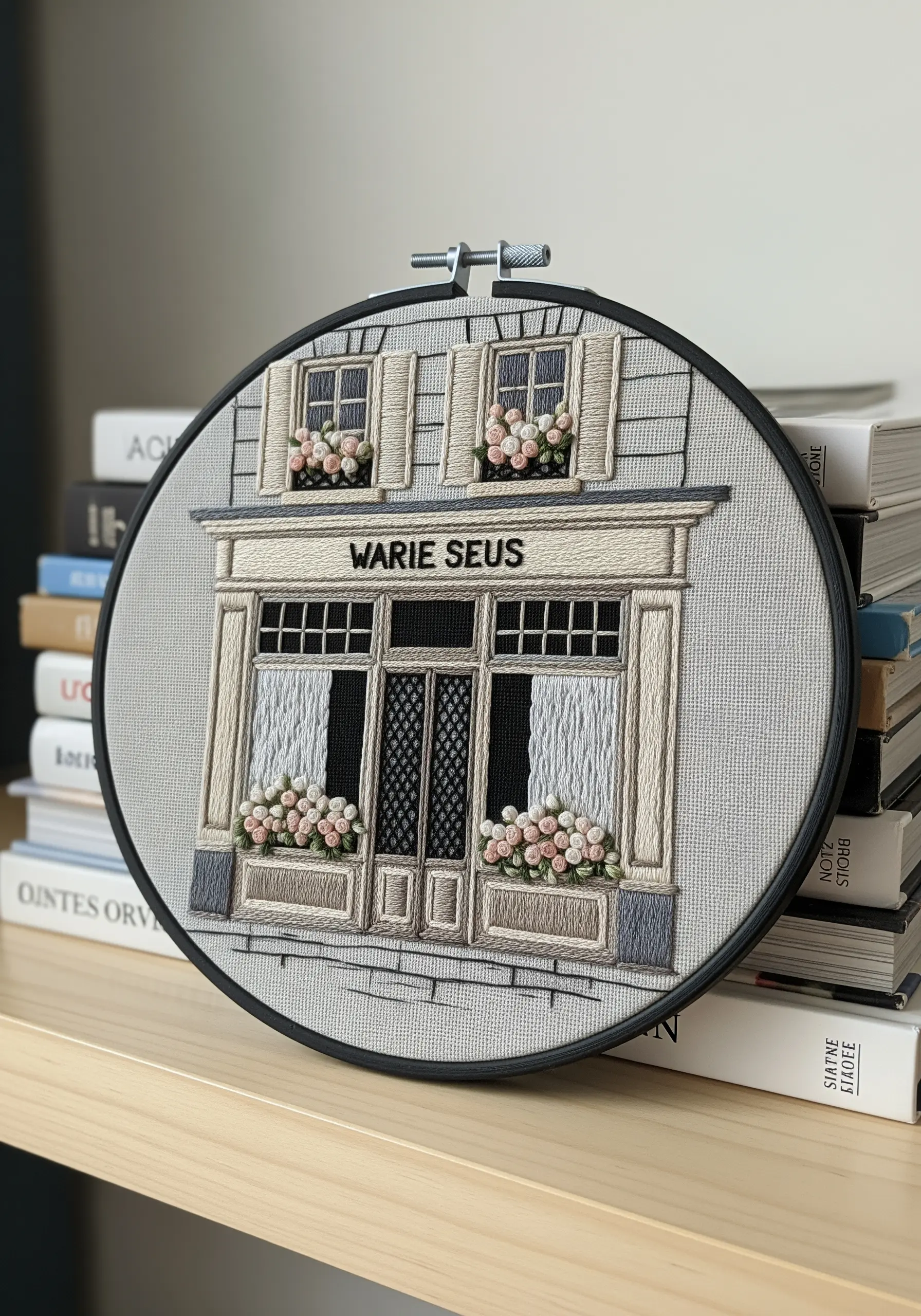 Detailed architectural embroidery of a Parisian storefront with tiny floral window boxes.