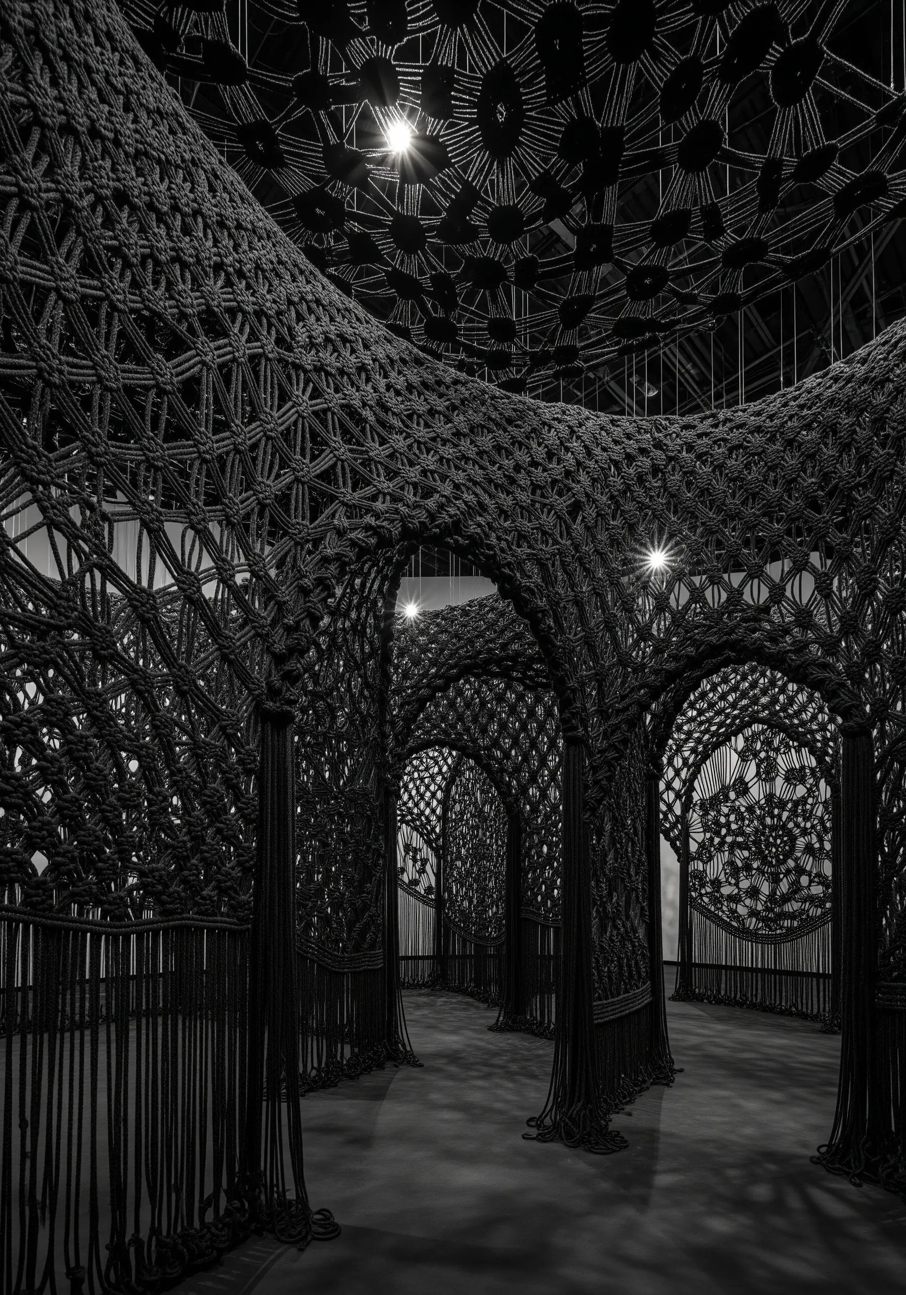An immersive installation made from black rope tied into intricate macrame knots forming arches.
