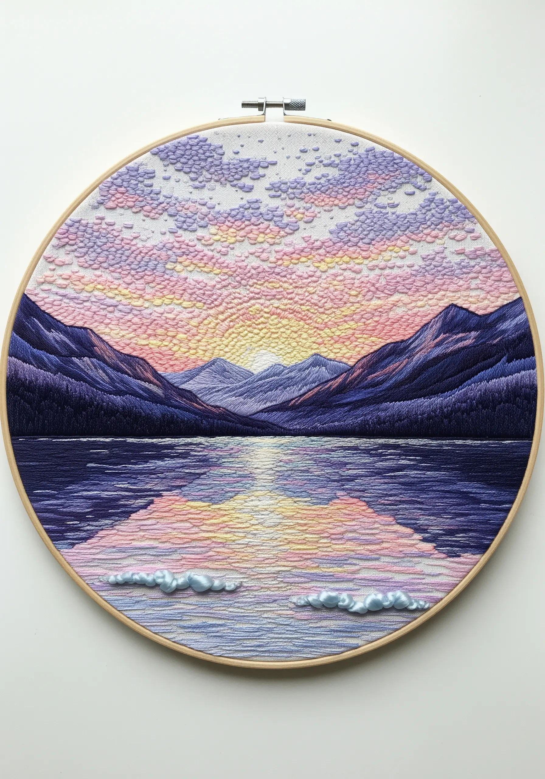 Embroidery hoop art of a mountain lake sunset with textured clouds and water reflections.