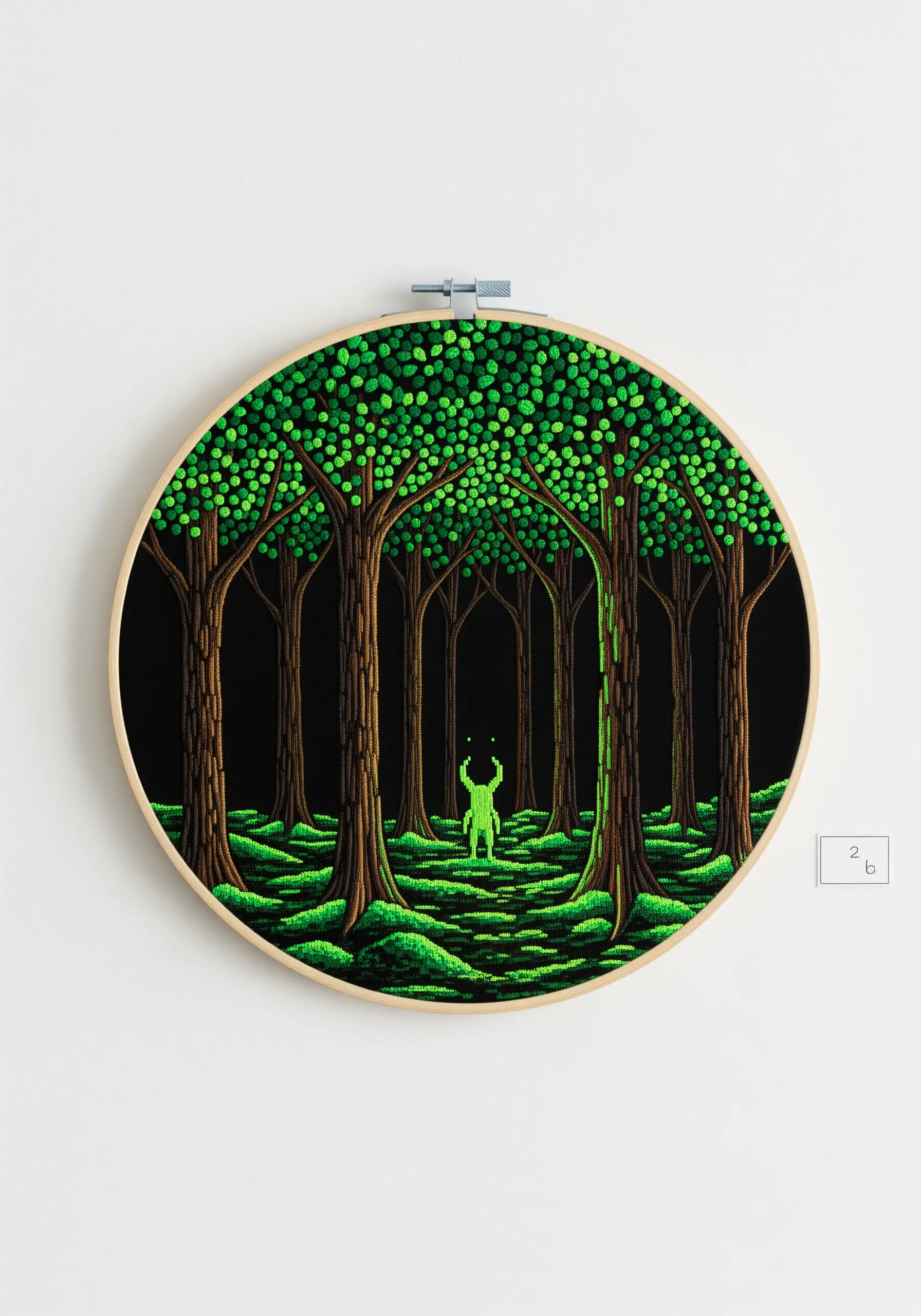 Pixel art embroidery of a glowing green figure in a dark forest.