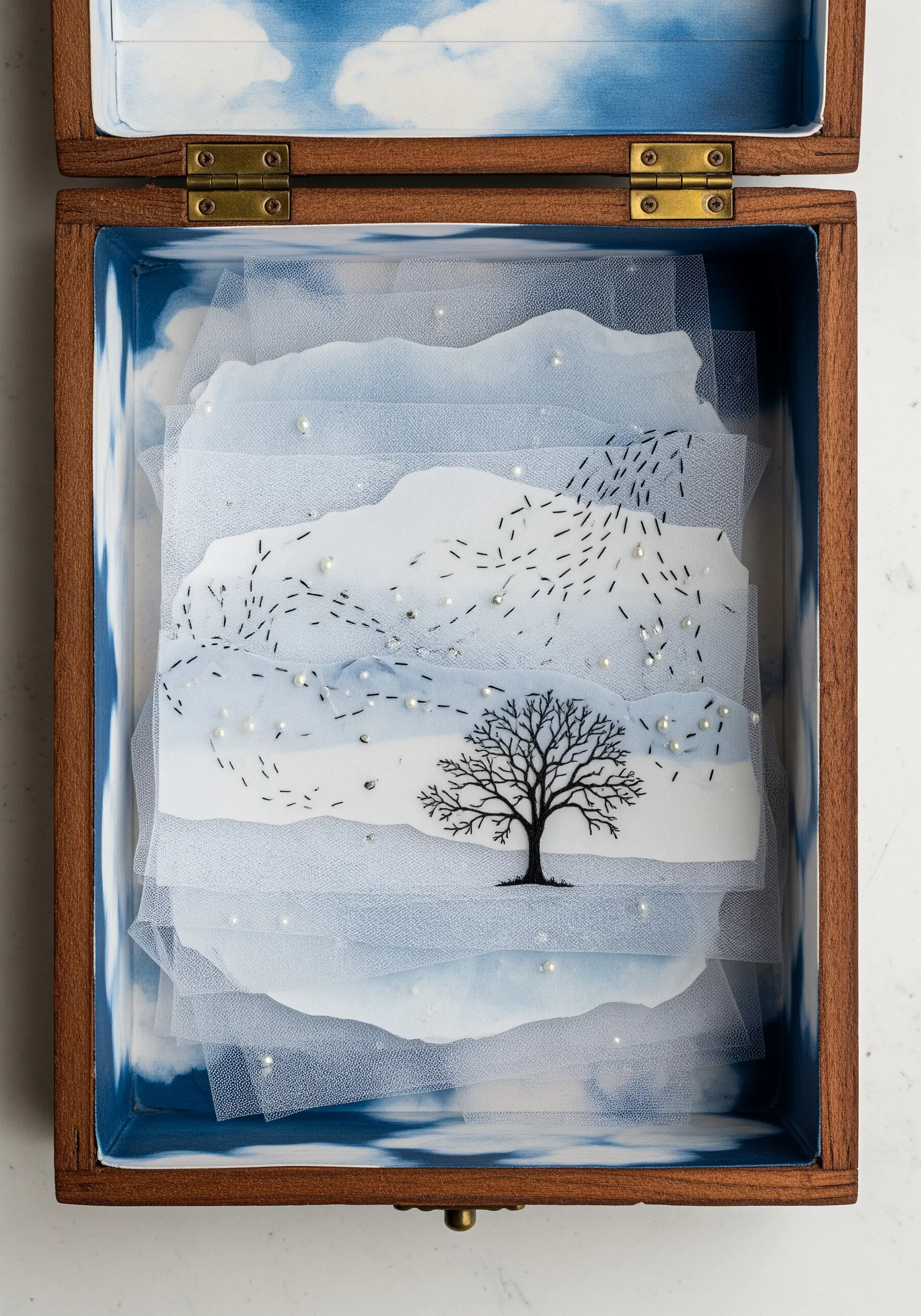 A diorama in a wooden box with a tree, using layers of embroidered tulle to create a snowy haze.