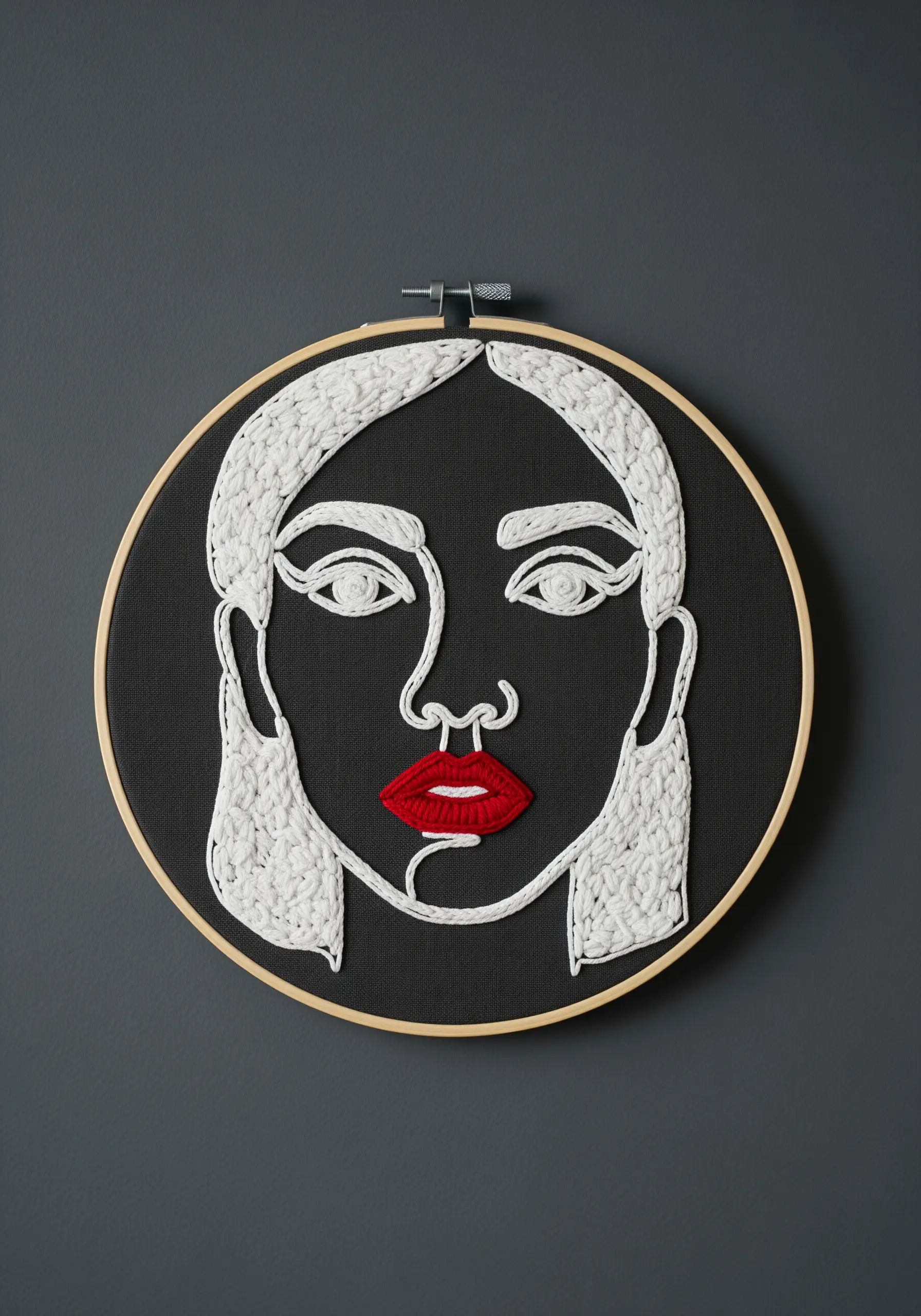 High-contrast portrait with hair filled in using a thick, raised white chain stitch.