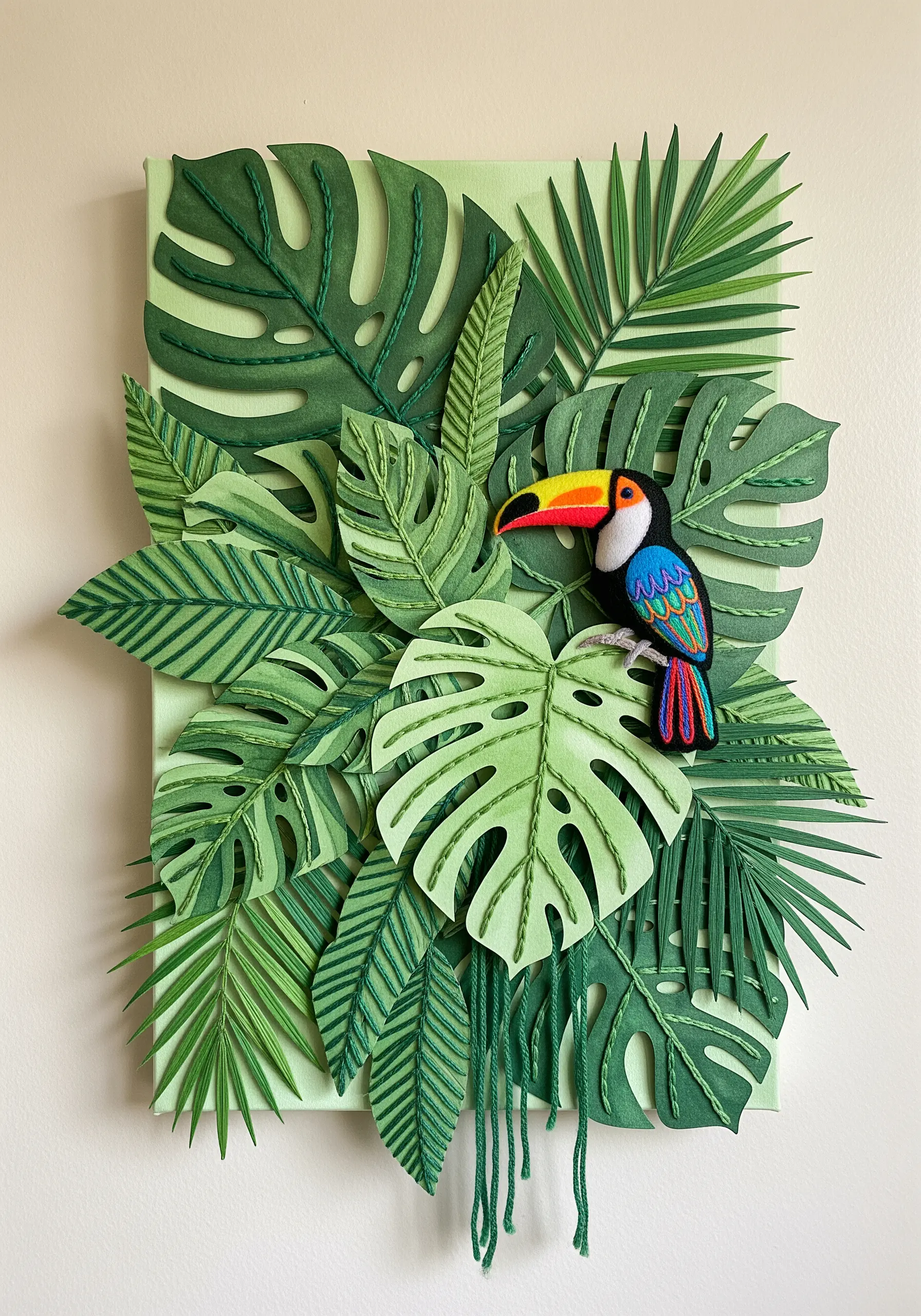 A 3D toucan and tropical leaves made from layered felt with stitched details on a canvas.
