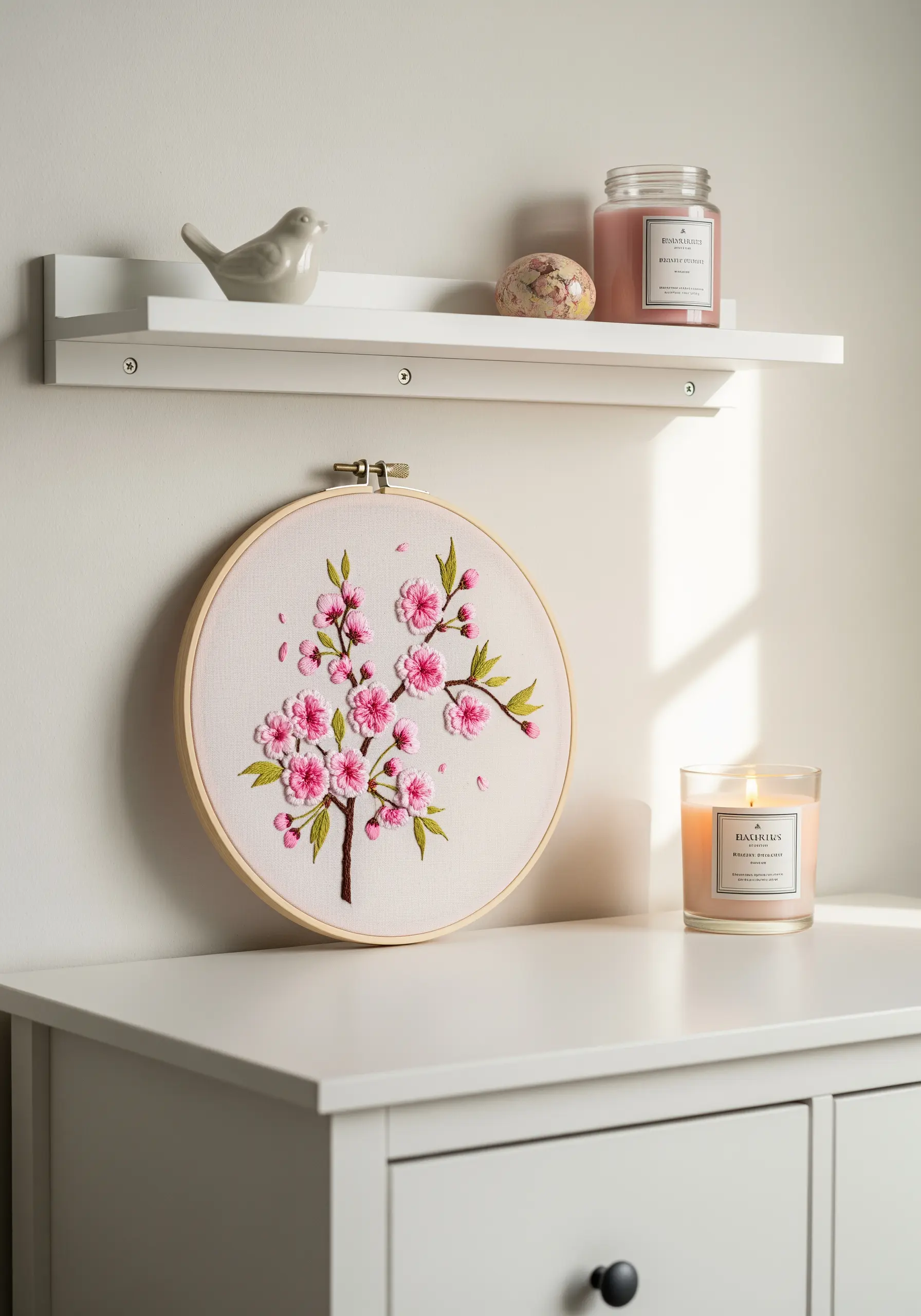 Embroidery hoop with a delicate cherry blossom branch featuring 3D pink petals.