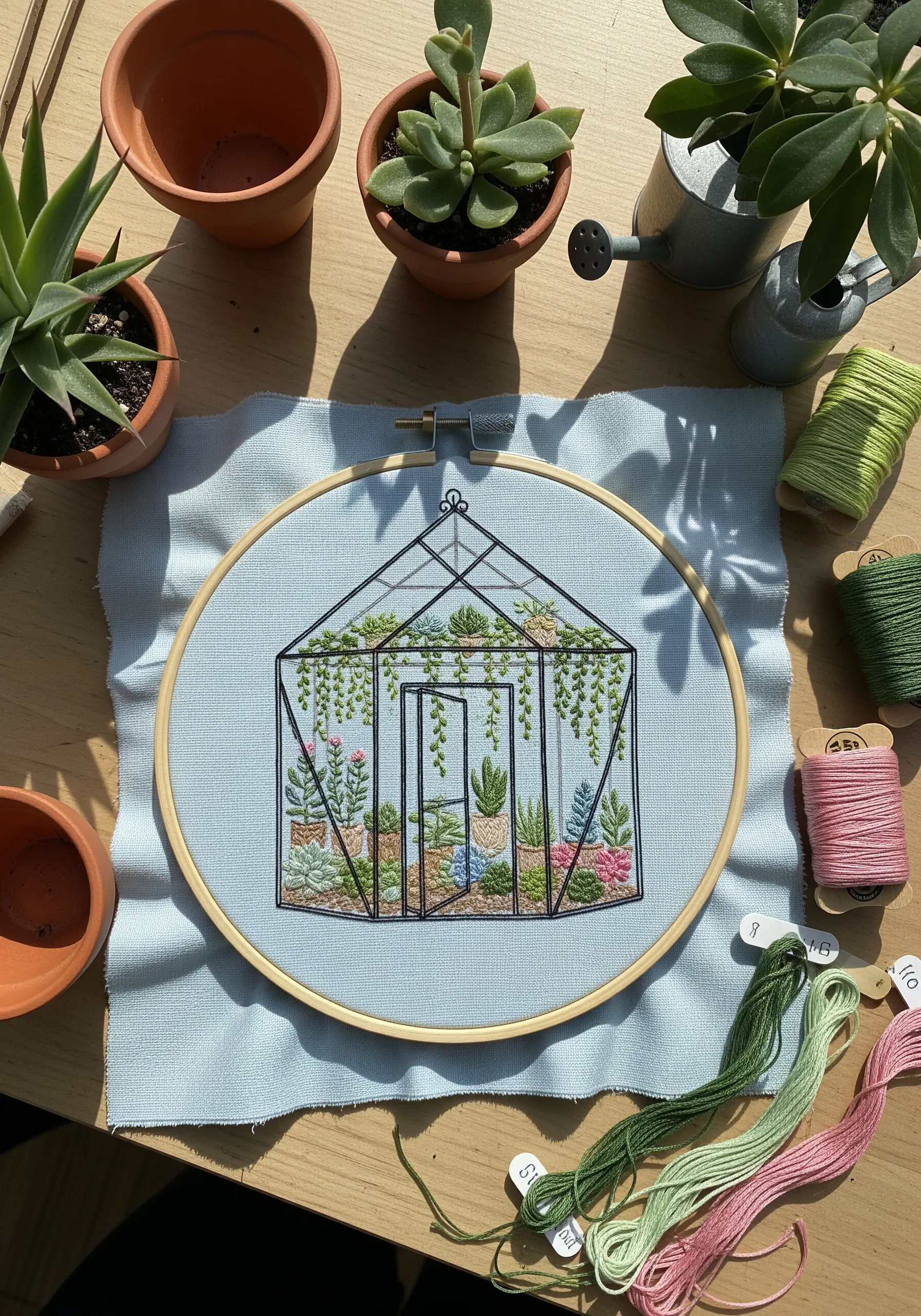An embroidered greenhouse filled with detailed green and pink plants on a blue fabric background.