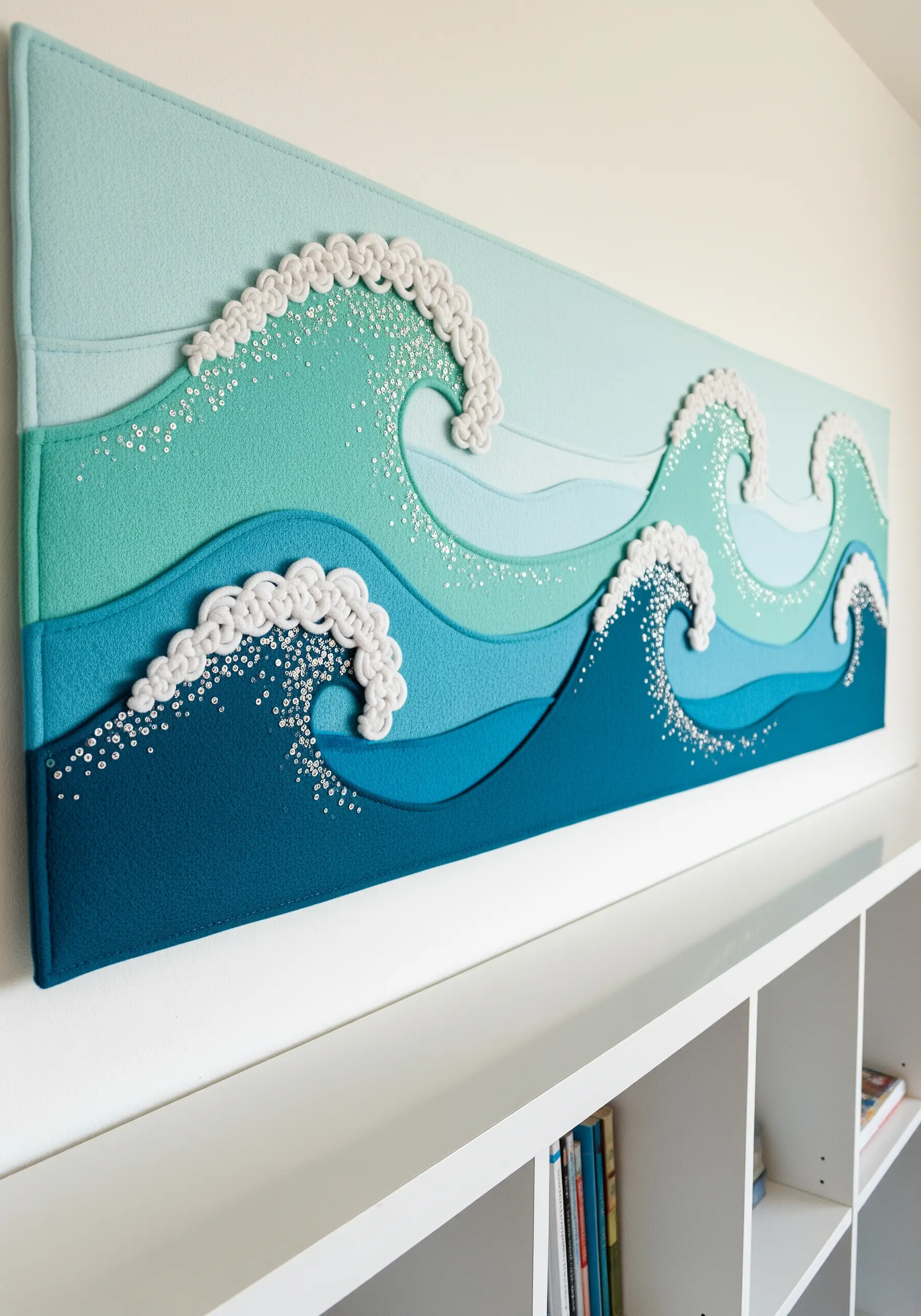 A panoramic textile art piece of layered blue felt waves with beaded and knotted seafoam.