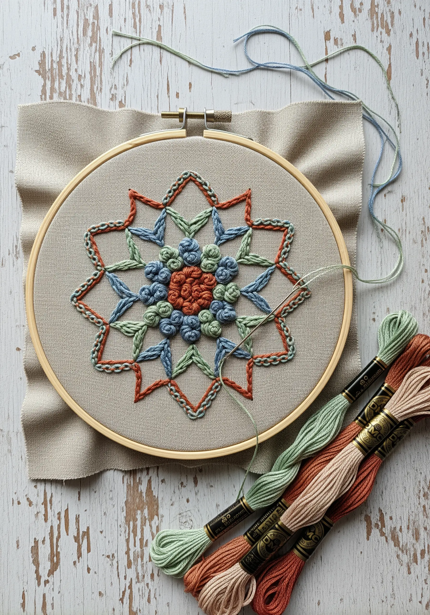Earthy-toned mandala with French knots, satin stitch, and chain stitch on neutral linen fabric.