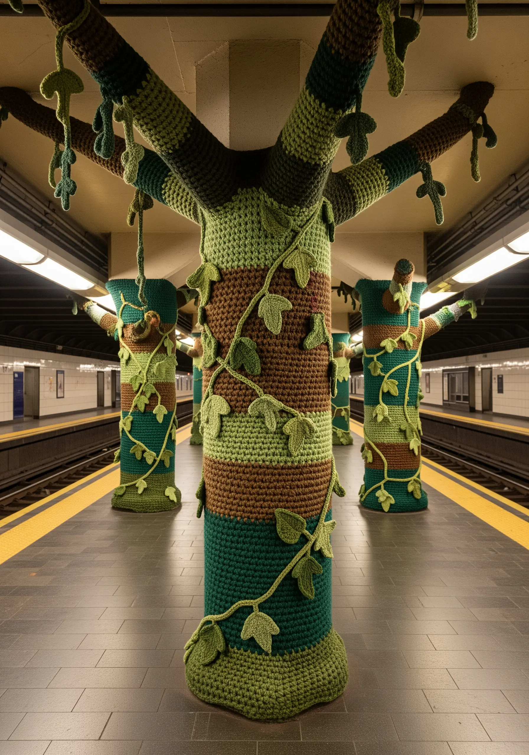 Subway pillars wrapped in green and brown crochet, with appliquéd crocheted vines and leaves.
