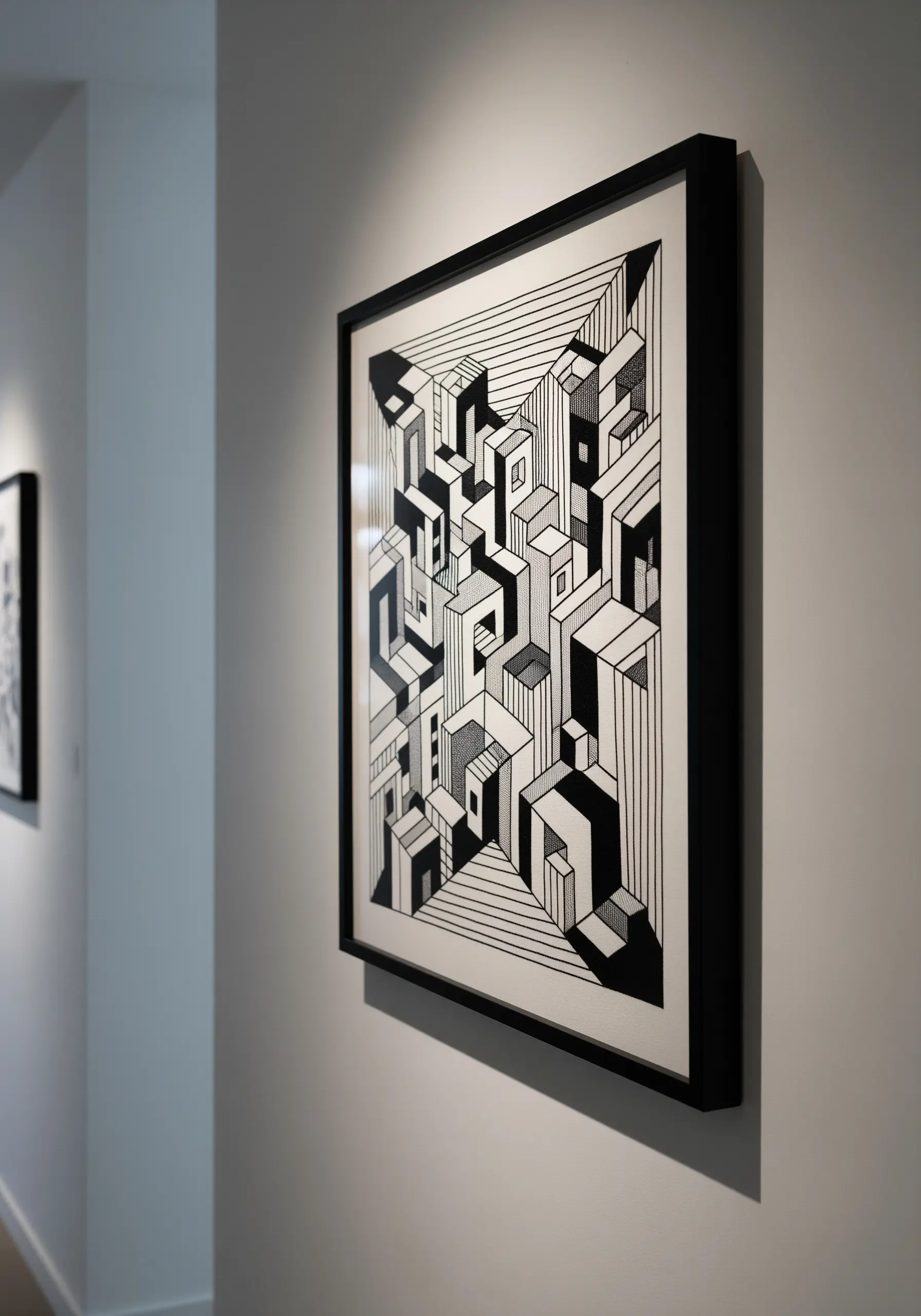 A framed black-and-white embroidery of an abstract, Escher-like geometric cityscape.