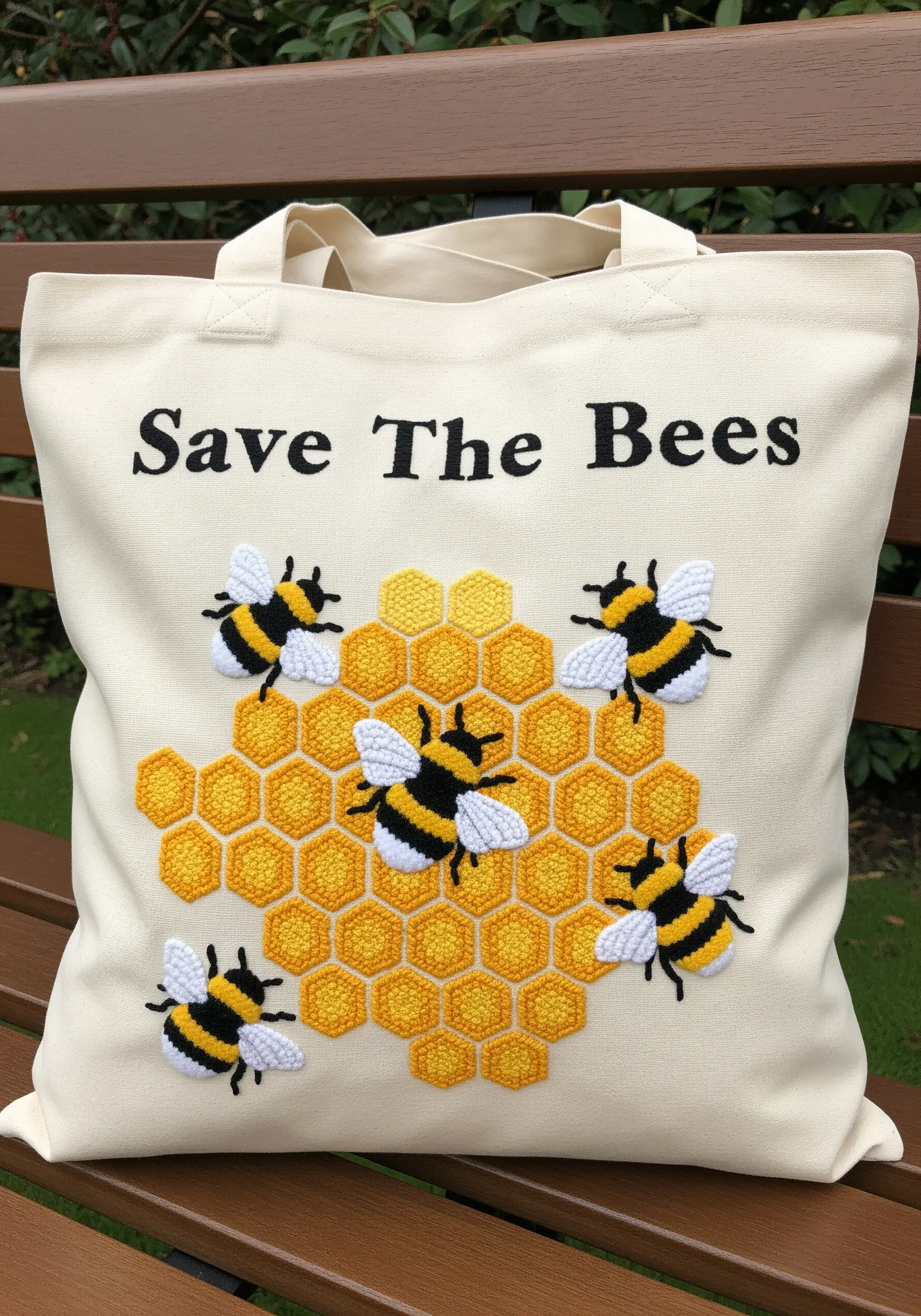 Embroidered 'Save The Bees' tote with 3D bees on a filled honeycomb pattern.