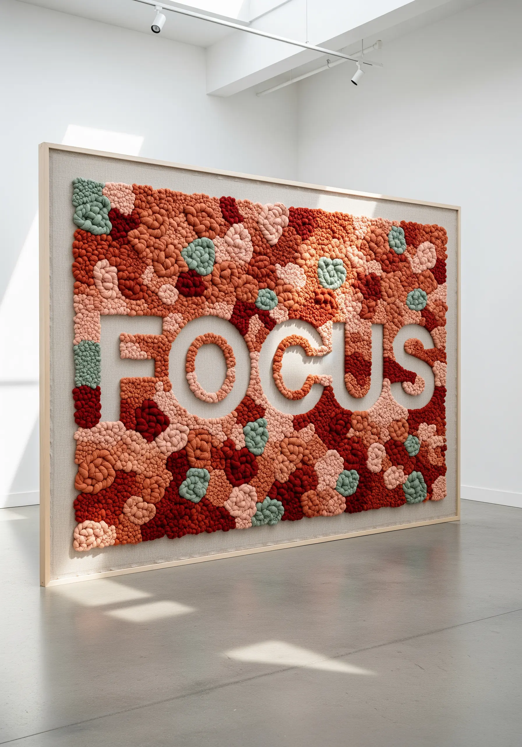 Negative space typography surrounded by dense textured French knots