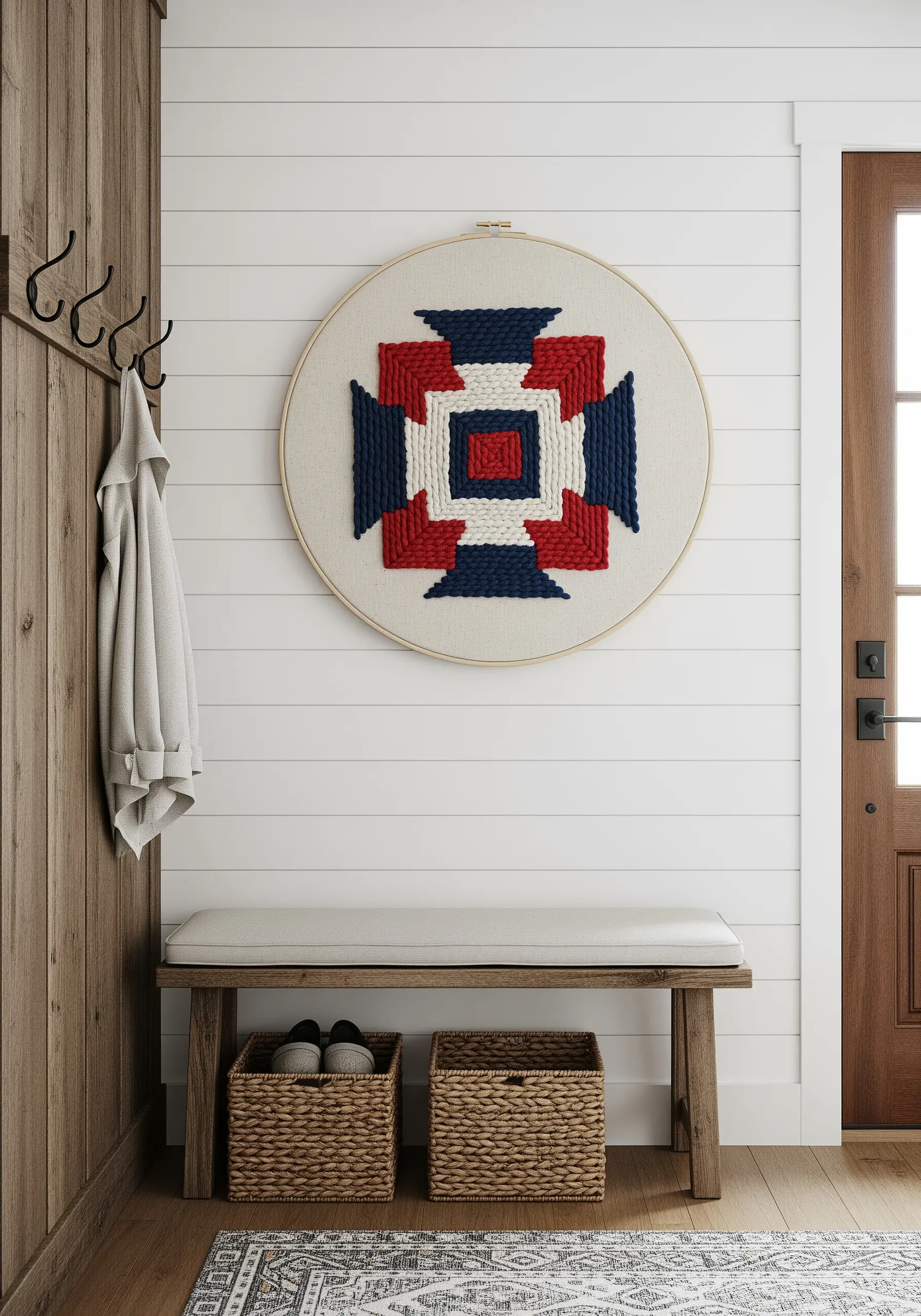 A large hoop with a raised geometric pattern made with red, white, and blue chunky yarn.
