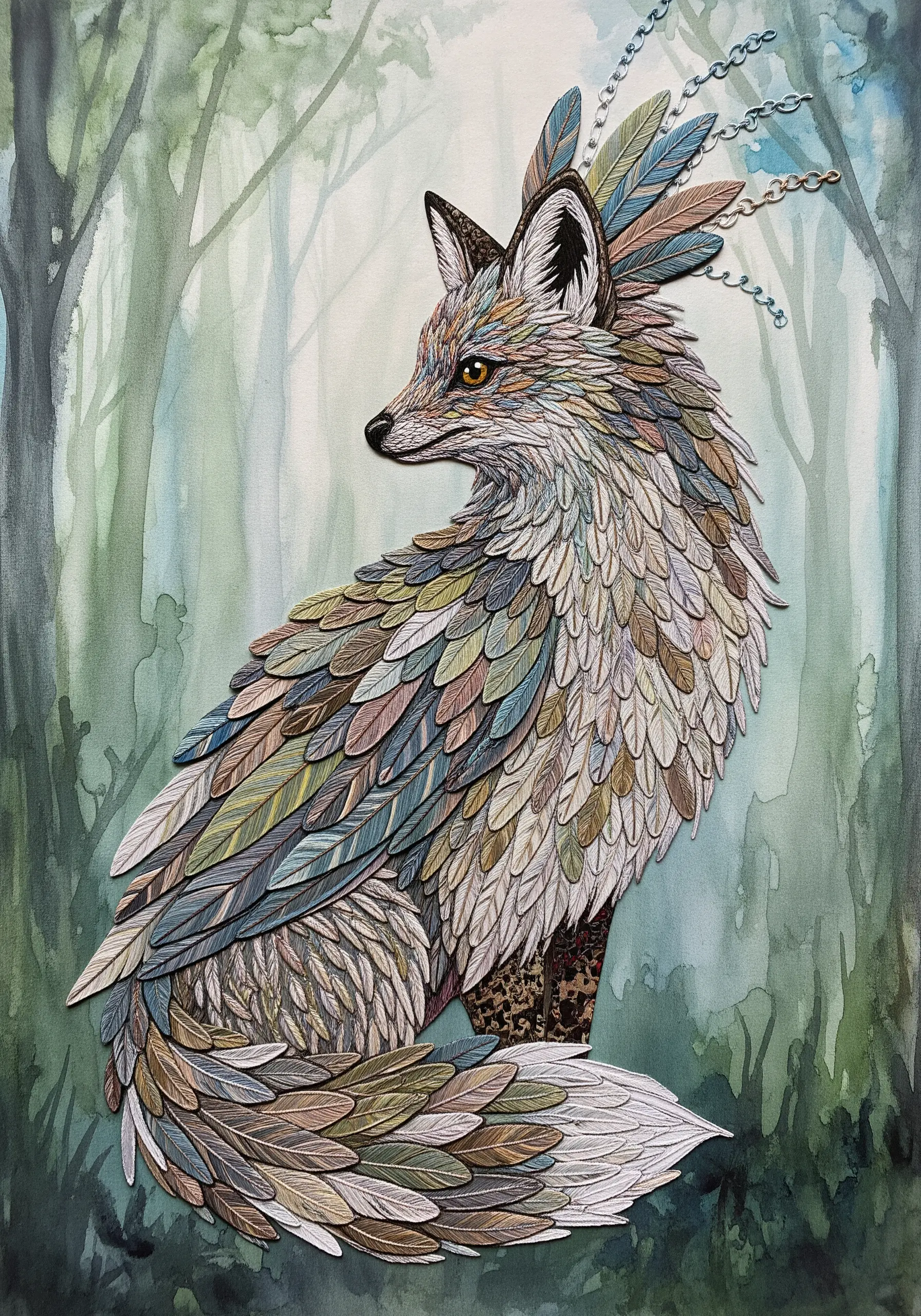 A fox made from layered, cut-paper feathers, with subtle stitching accents.