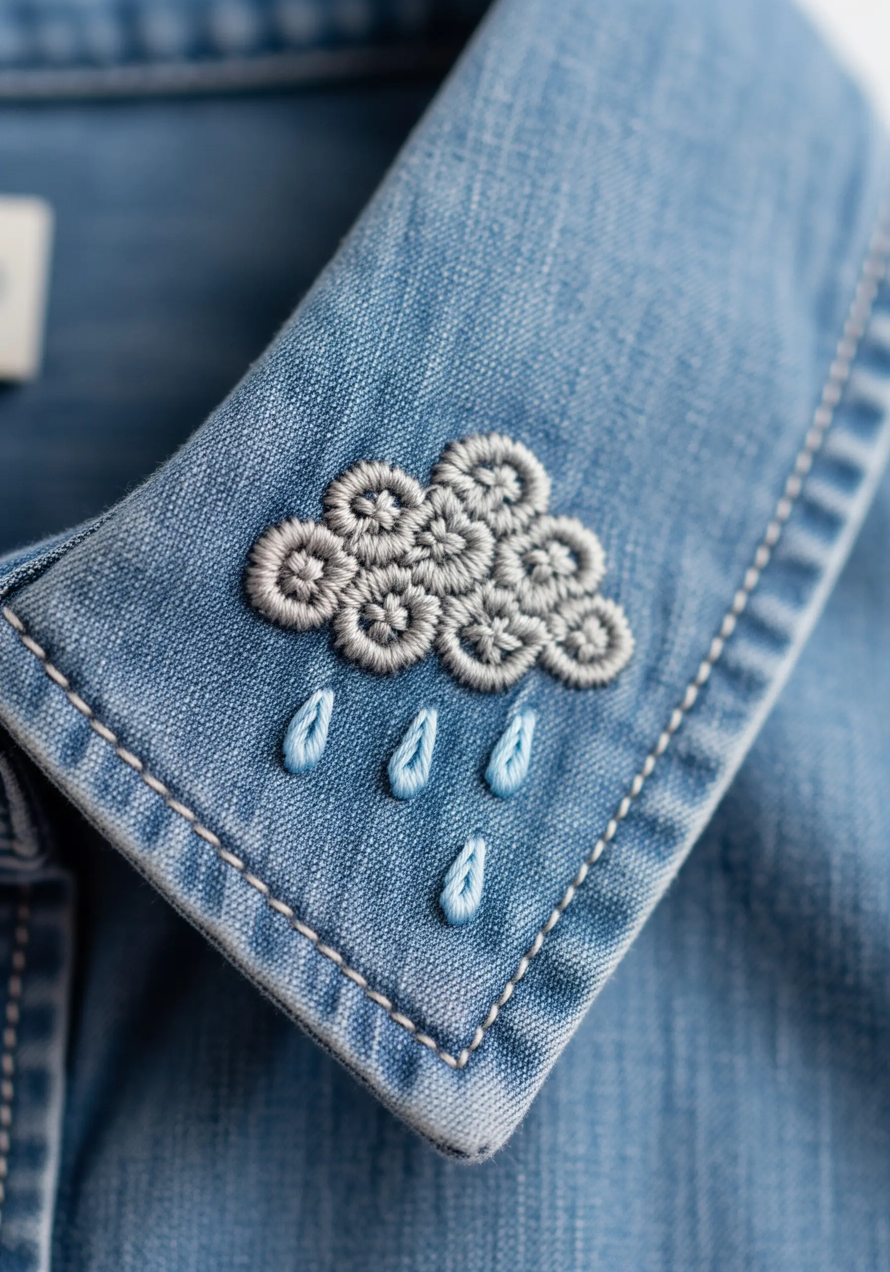 A fluffy cloud made of gray and white Colonial knots on a denim shirt collar.