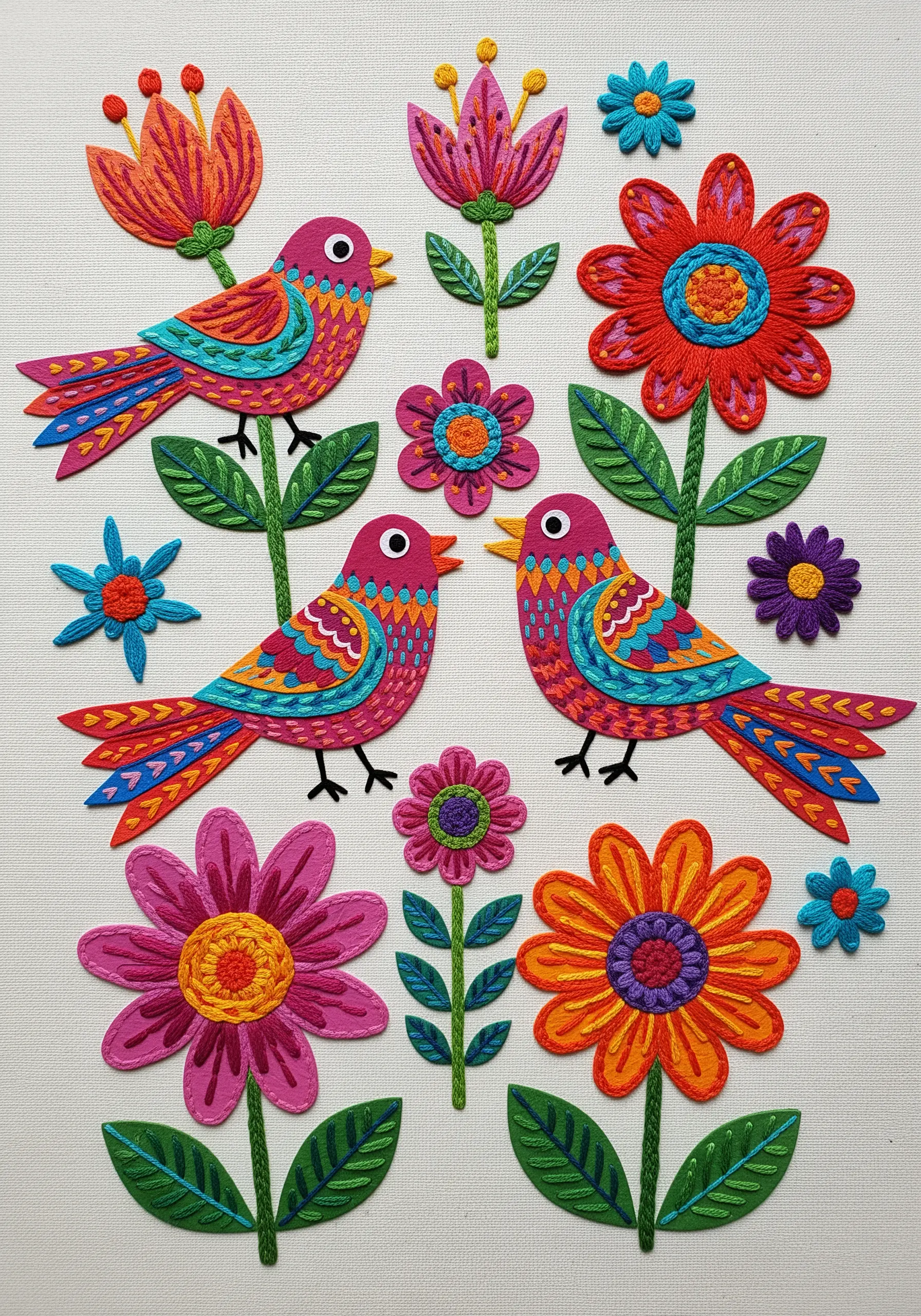 Felt appliqué birds and flowers decorated with dense, colorful satin stitch embroidery.