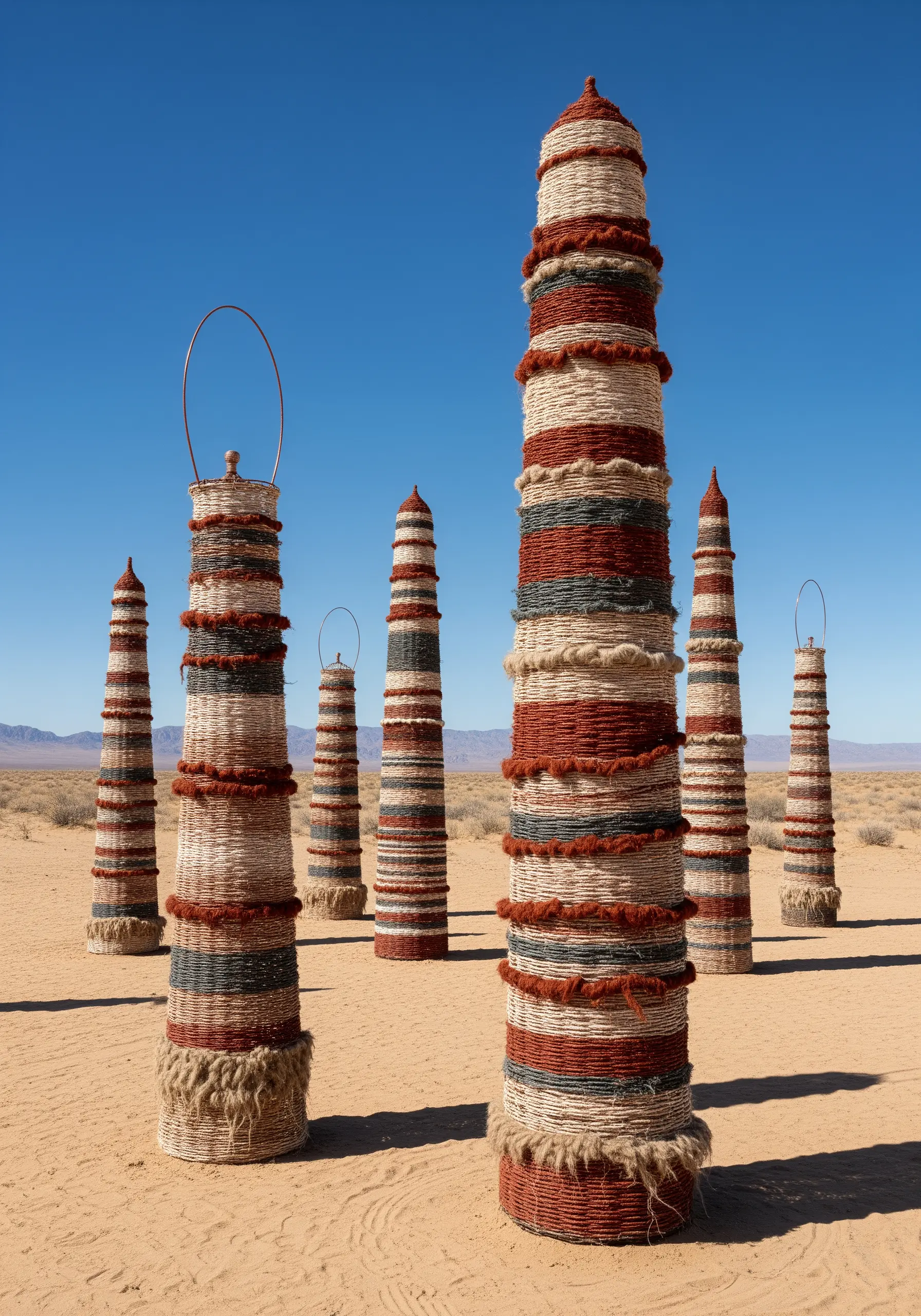 Tall, woven fiber sculptures with horizontal stripes standing in a desert landscape.