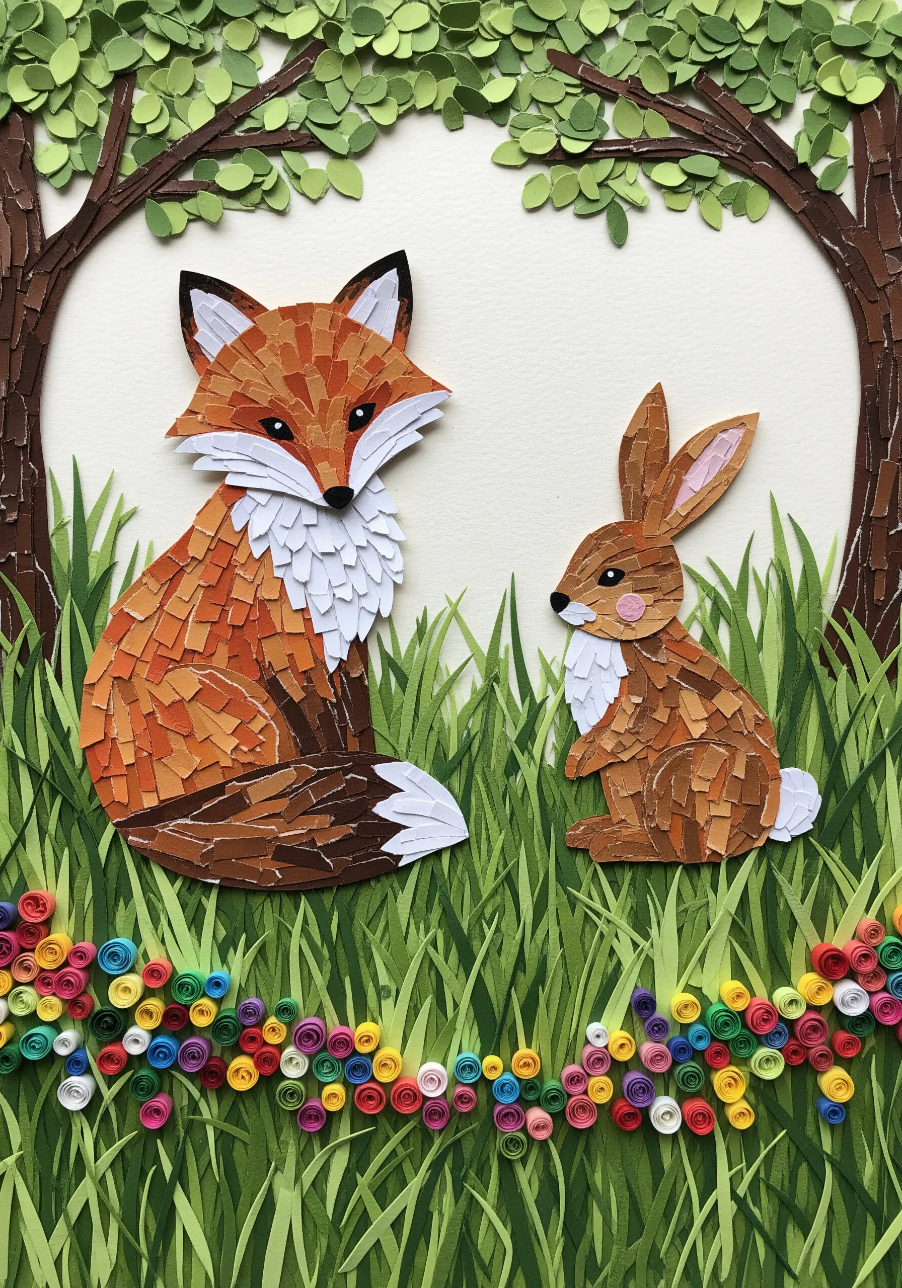 A paper collage scene of a fox and a rabbit made from small, mosaic-like pieces.