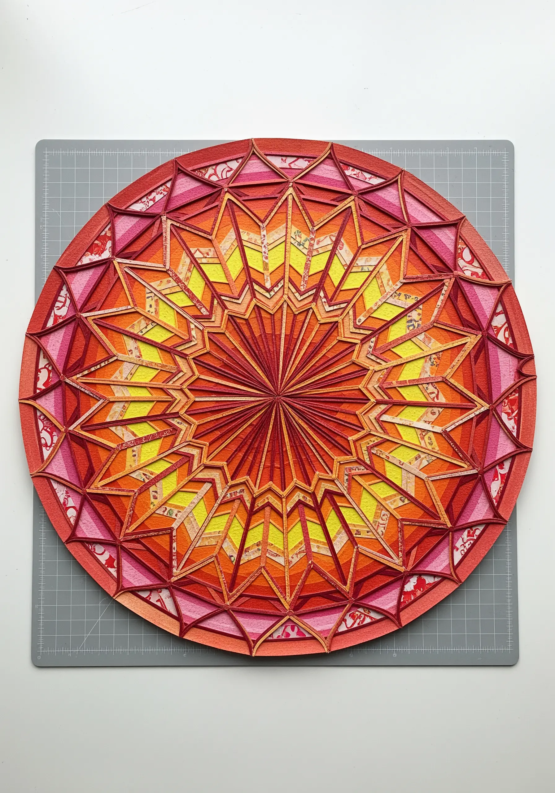 A complex, geometric paper mandala in shades of red, orange, and yellow.