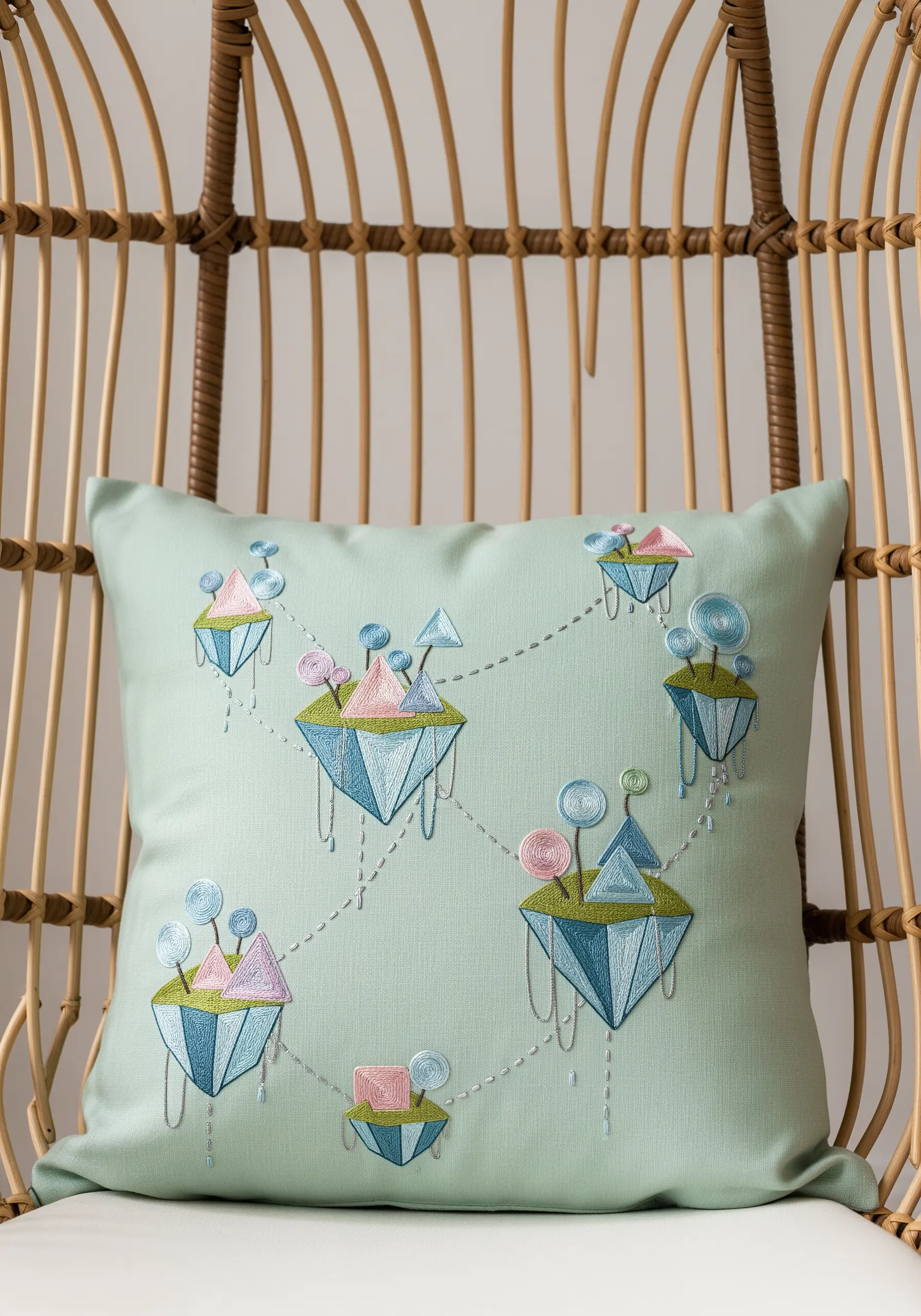 Whimsical floating islands on a mint green pillow, stitched with satin stitch and fine lines.
