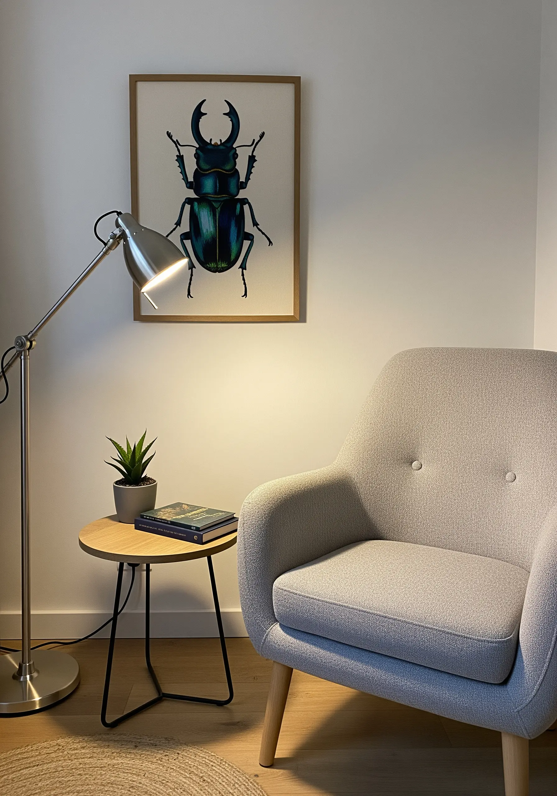 Framed embroidery of a stag beetle with an iridescent shell created with metallic threads.