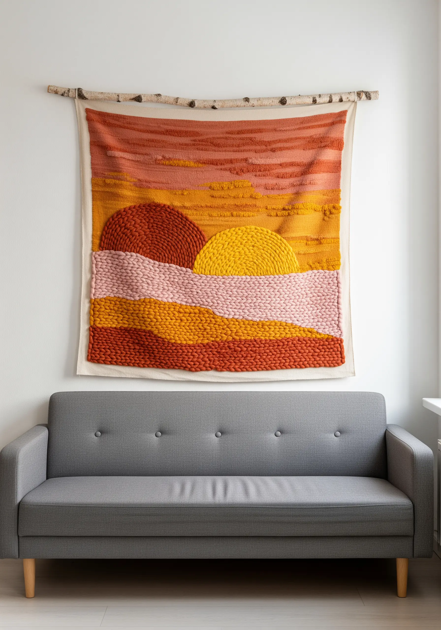 Chunky yarn wall hanging with a warm-toned abstract sunset landscape over a gray sofa.