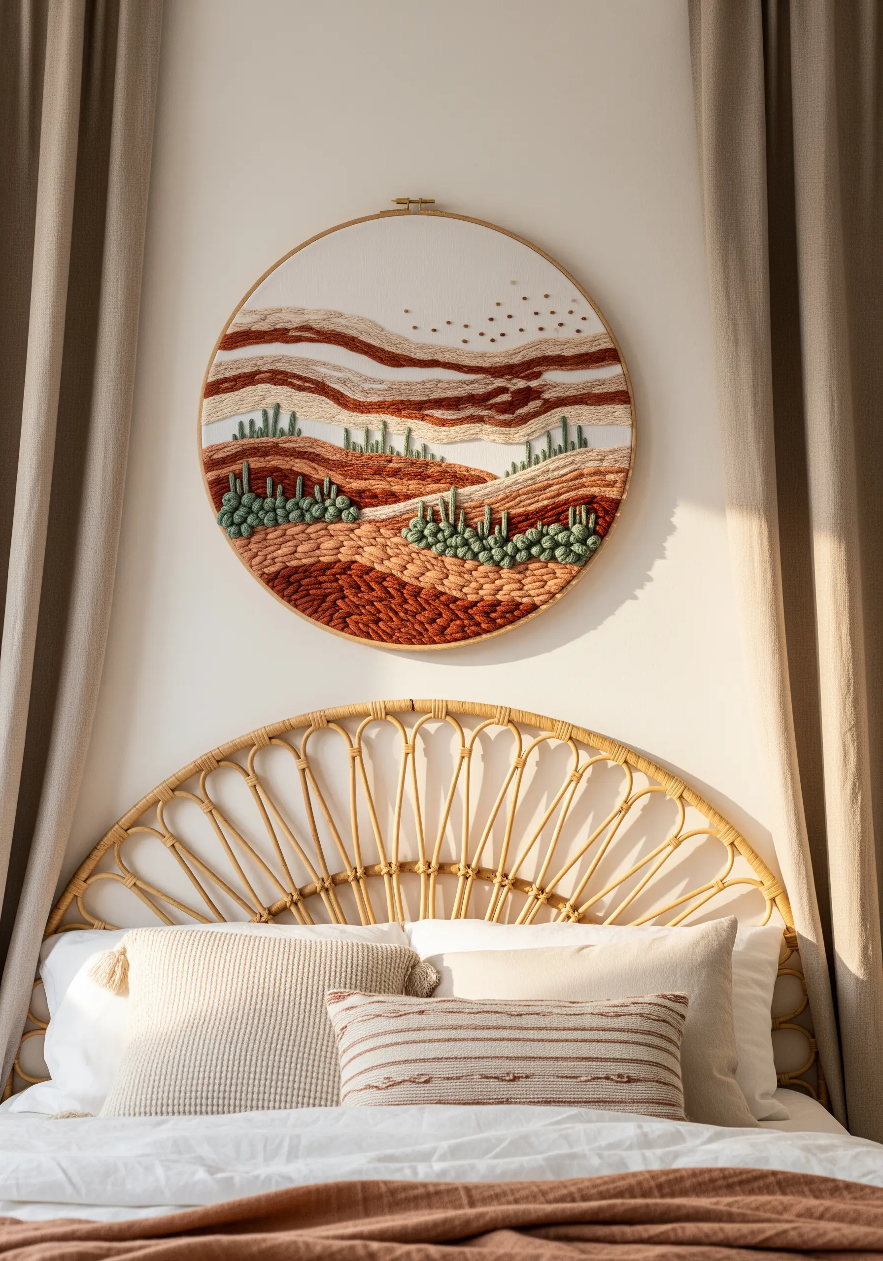 A large embroidery hoop with a textured desert landscape using yarn and French knots.