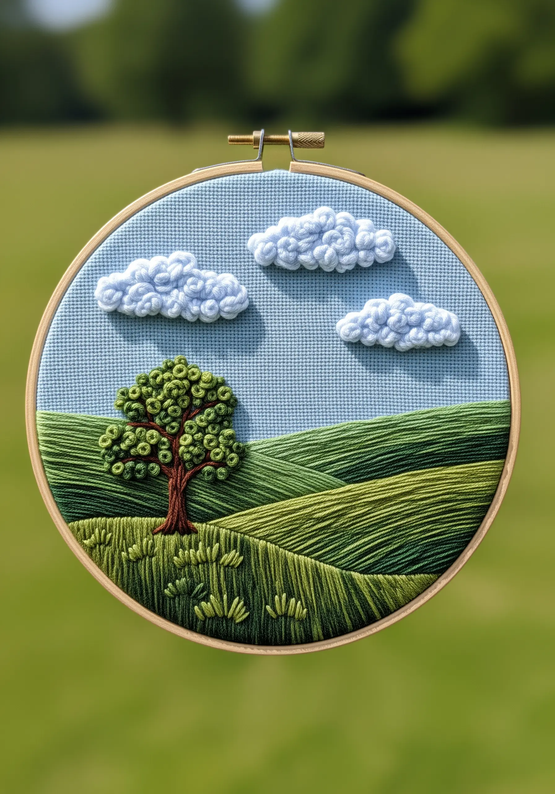 Hoop art depicting a rolling green landscape with a tree and fluffy white clouds.