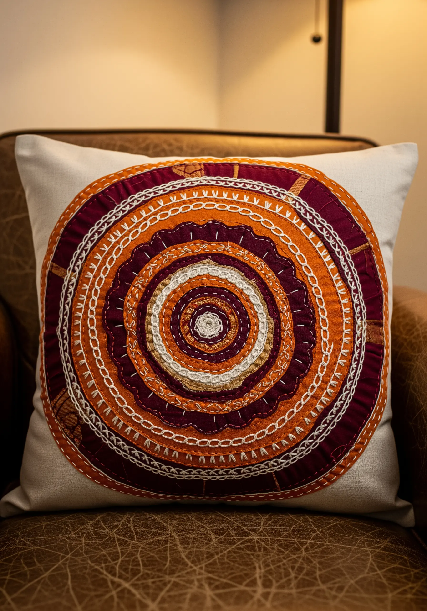 Textured mandala cushion made from coiled strips of orange, red, and white fabric with visible stitches.