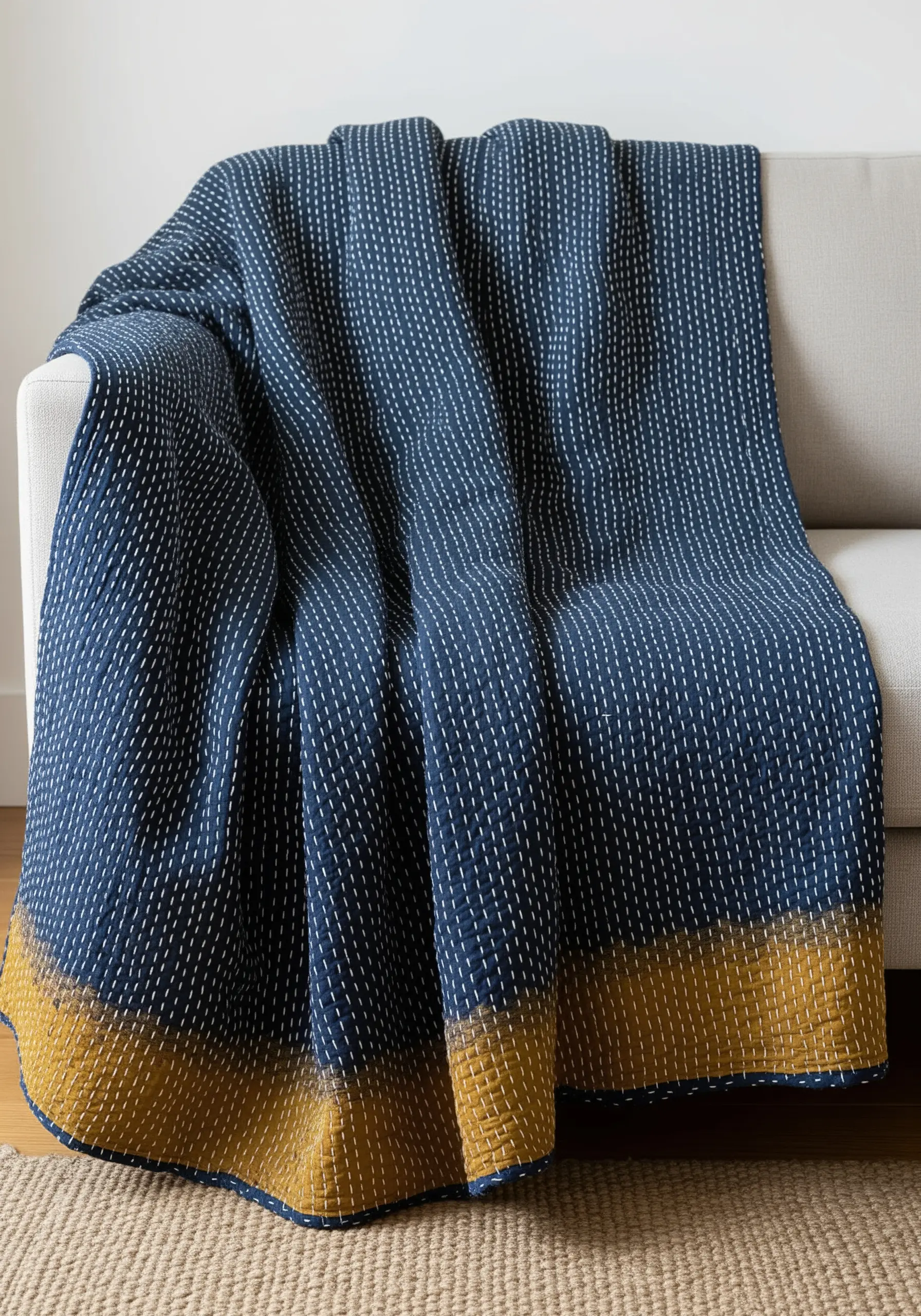 Close-up of a dark blue and gold quilt with rows of white Kantha running stitches.