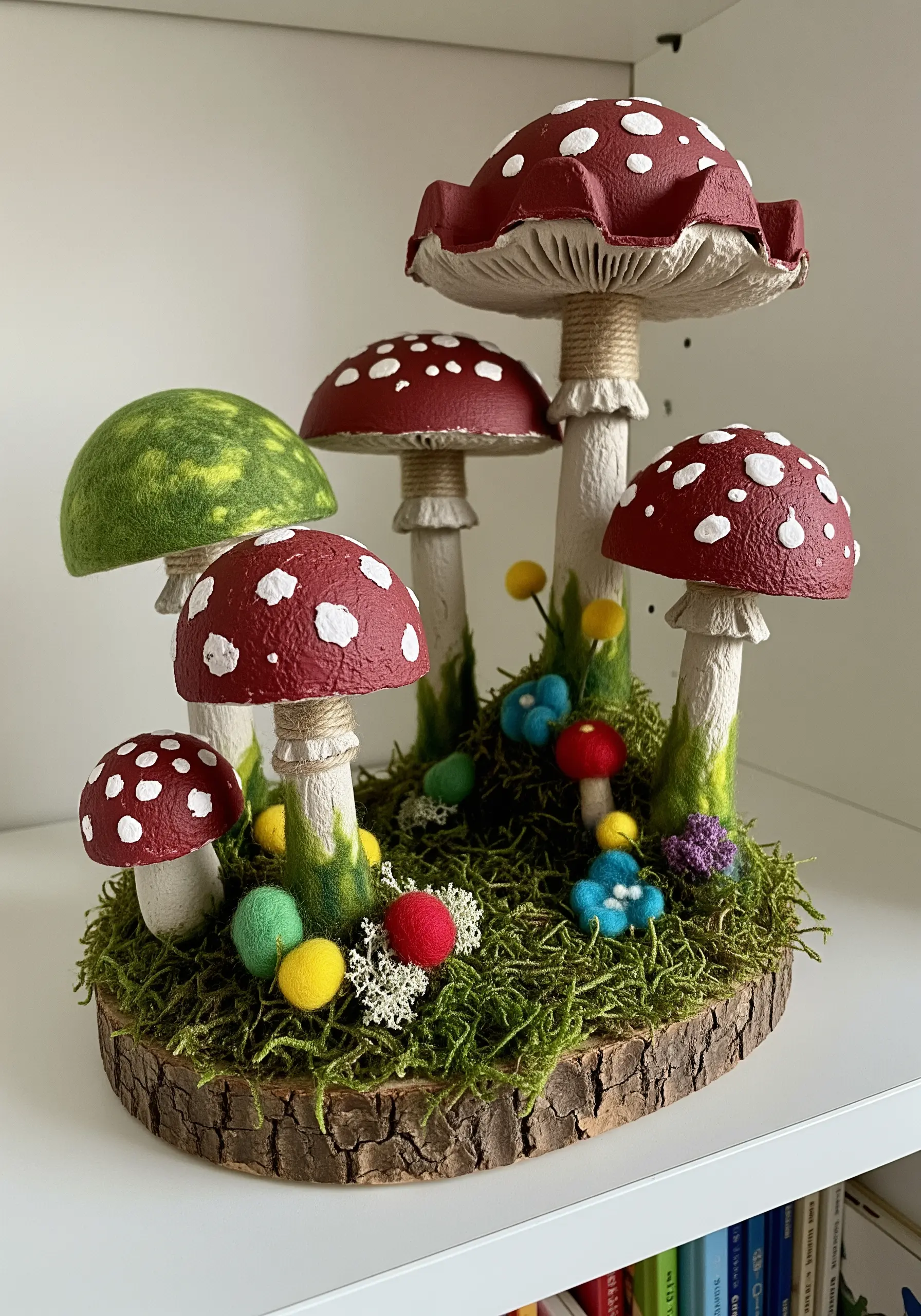 A small diorama of toadstool mushrooms made from felt, paper, and yarn on a mossy base.
