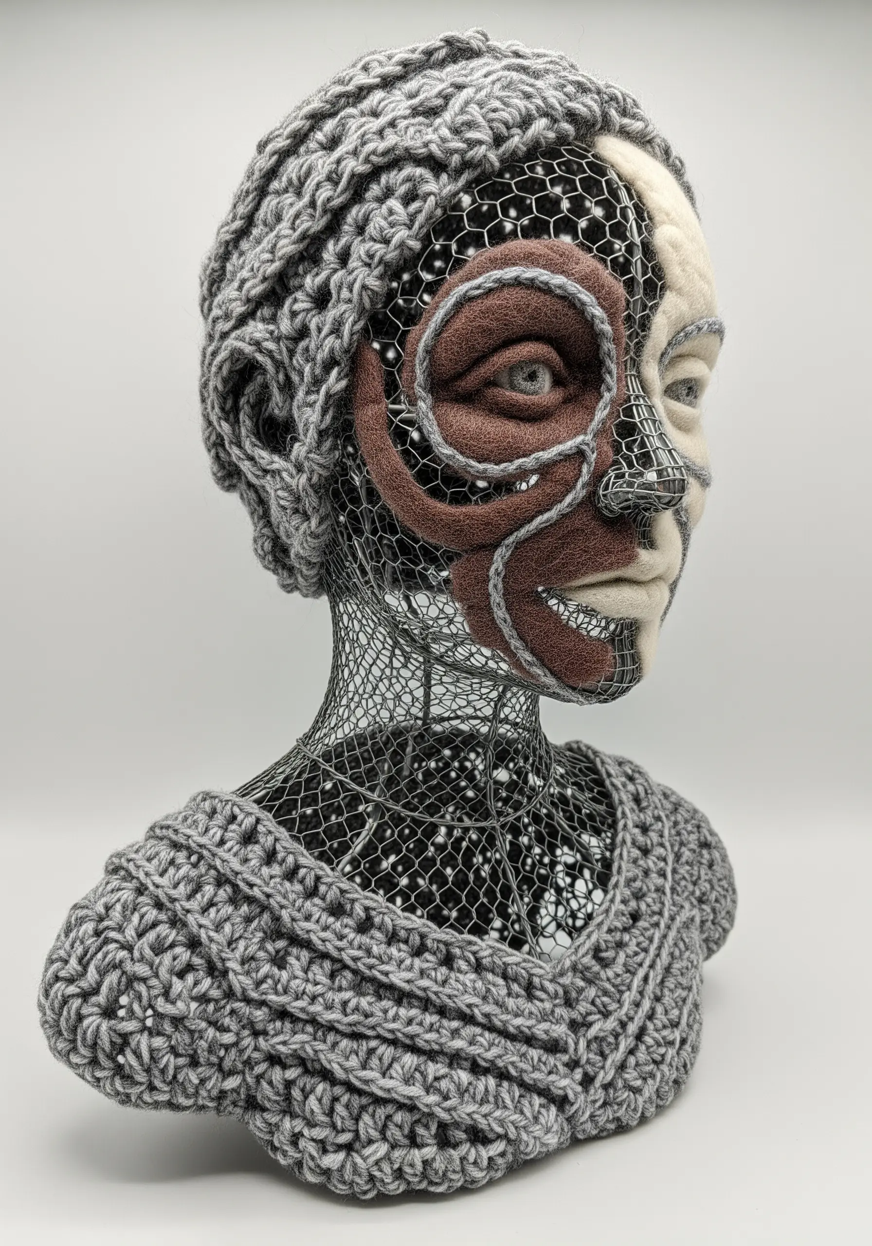 A wire mesh bust of a person, partially covered with grey crochet and brown and white felted wool.