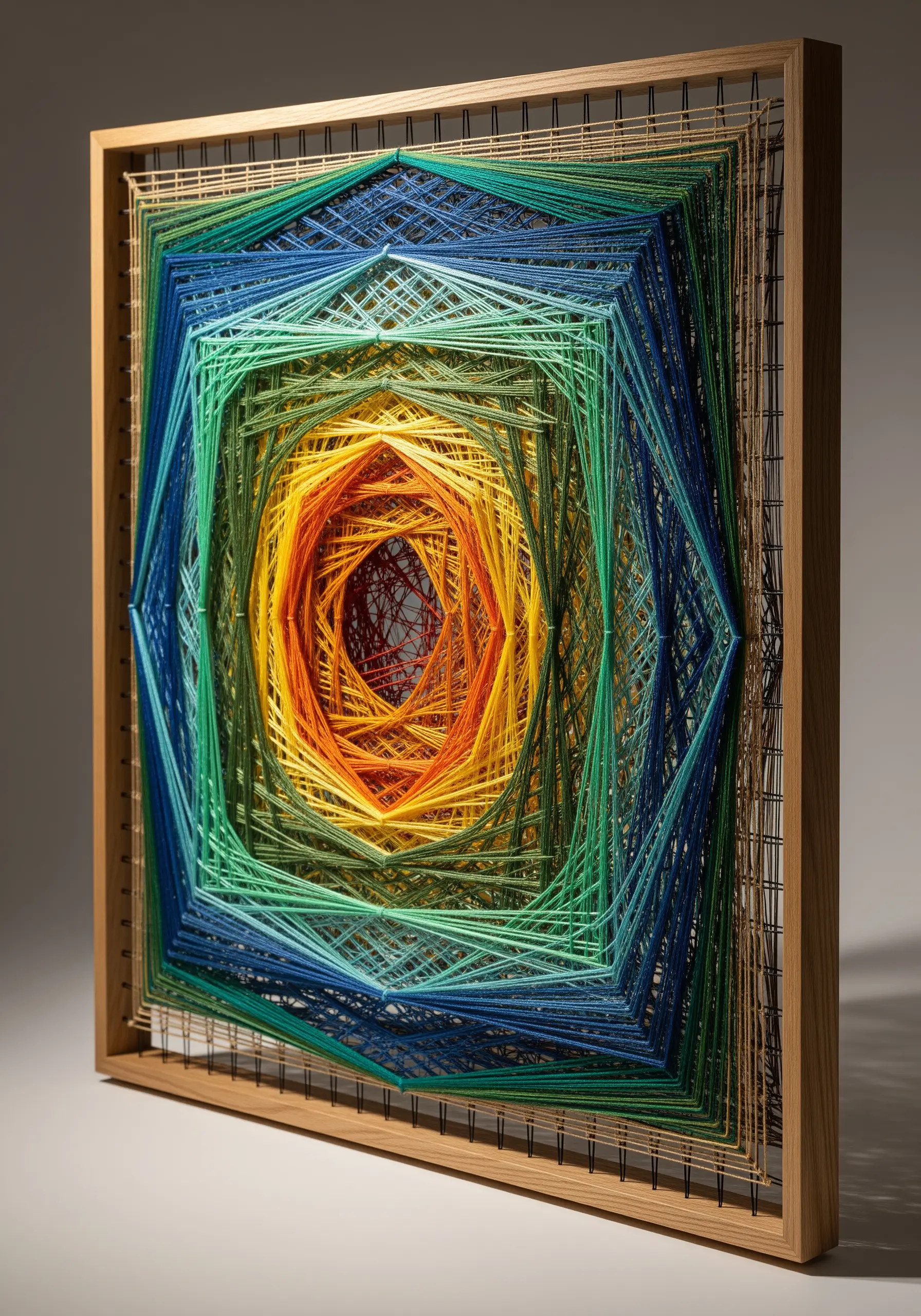 A 3D string art piece in a wooden frame with a gradient from blue and green to yellow and orange