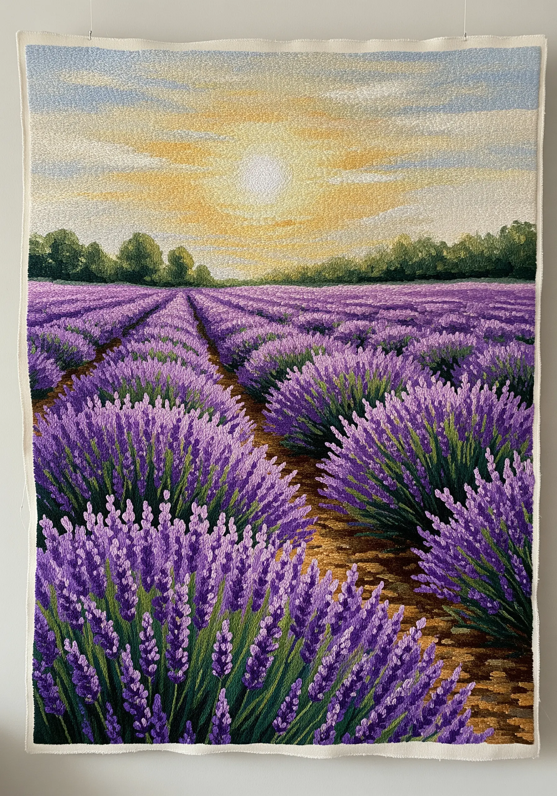 A large embroidered tapestry of a lavender field at sunset, showing perspective.