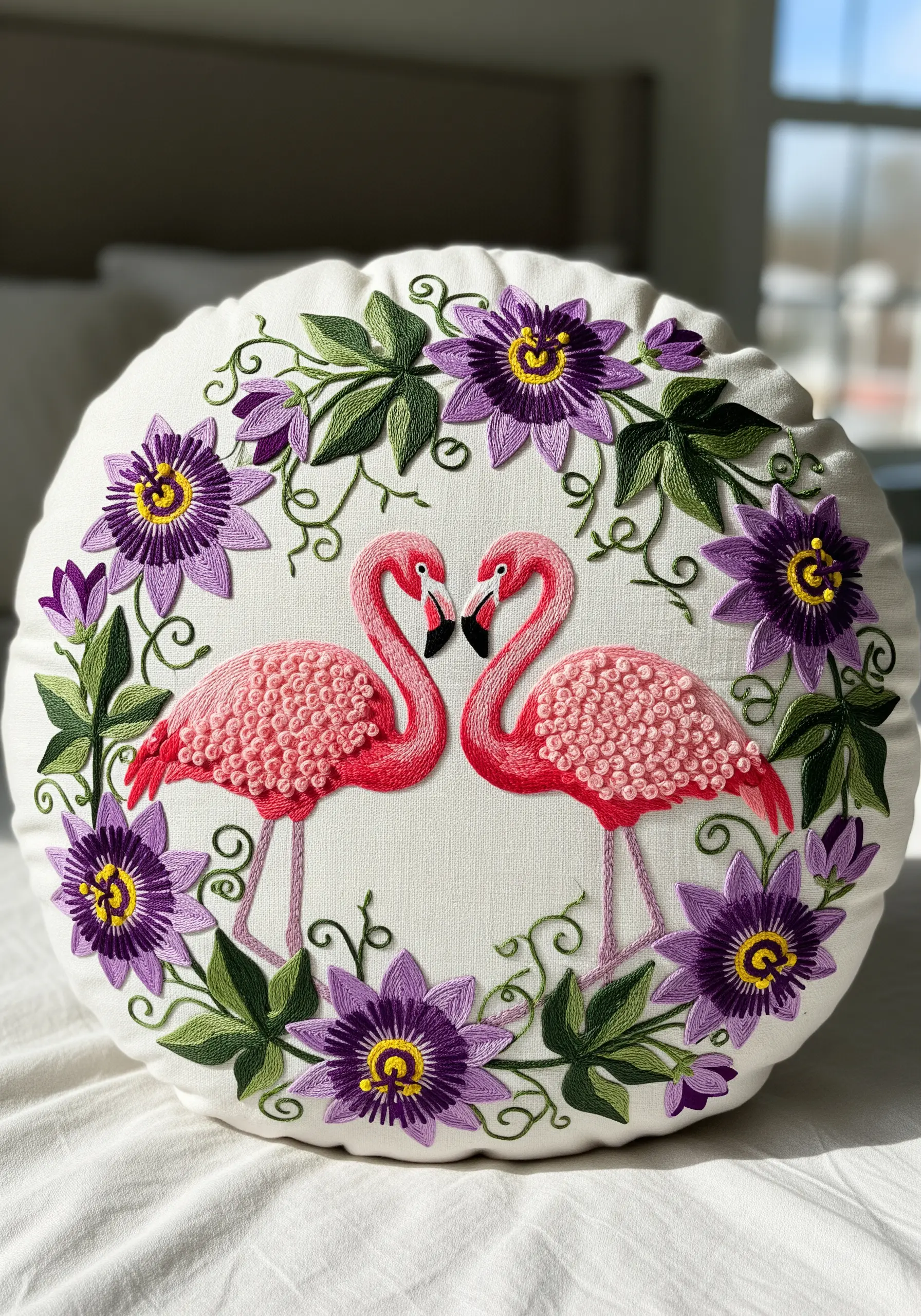 Two pink flamingos on a round pillow, their bodies filled with textured French knots.