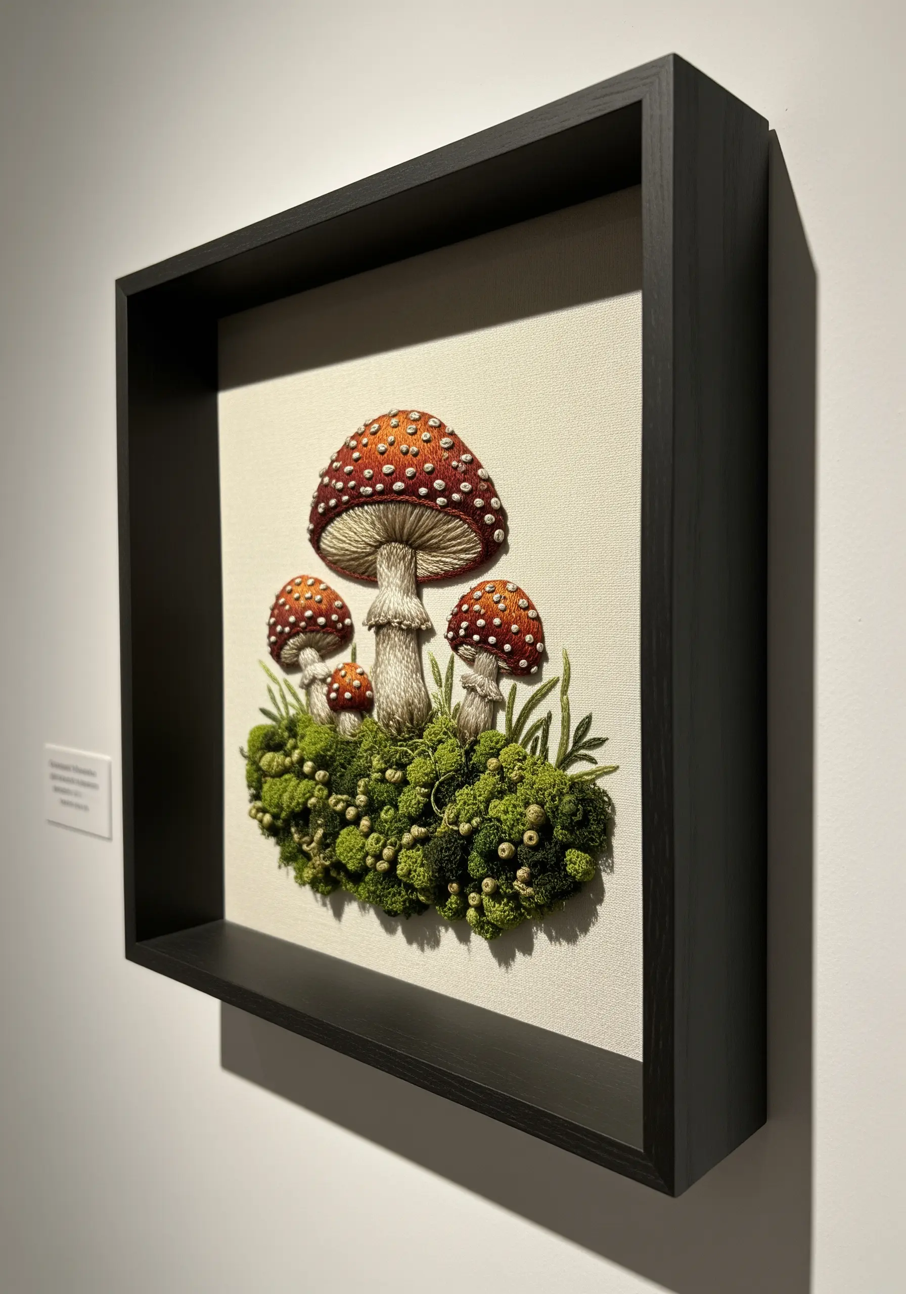 Framed 3D embroidery of red-capped mushrooms with textured moss made of French knots.
