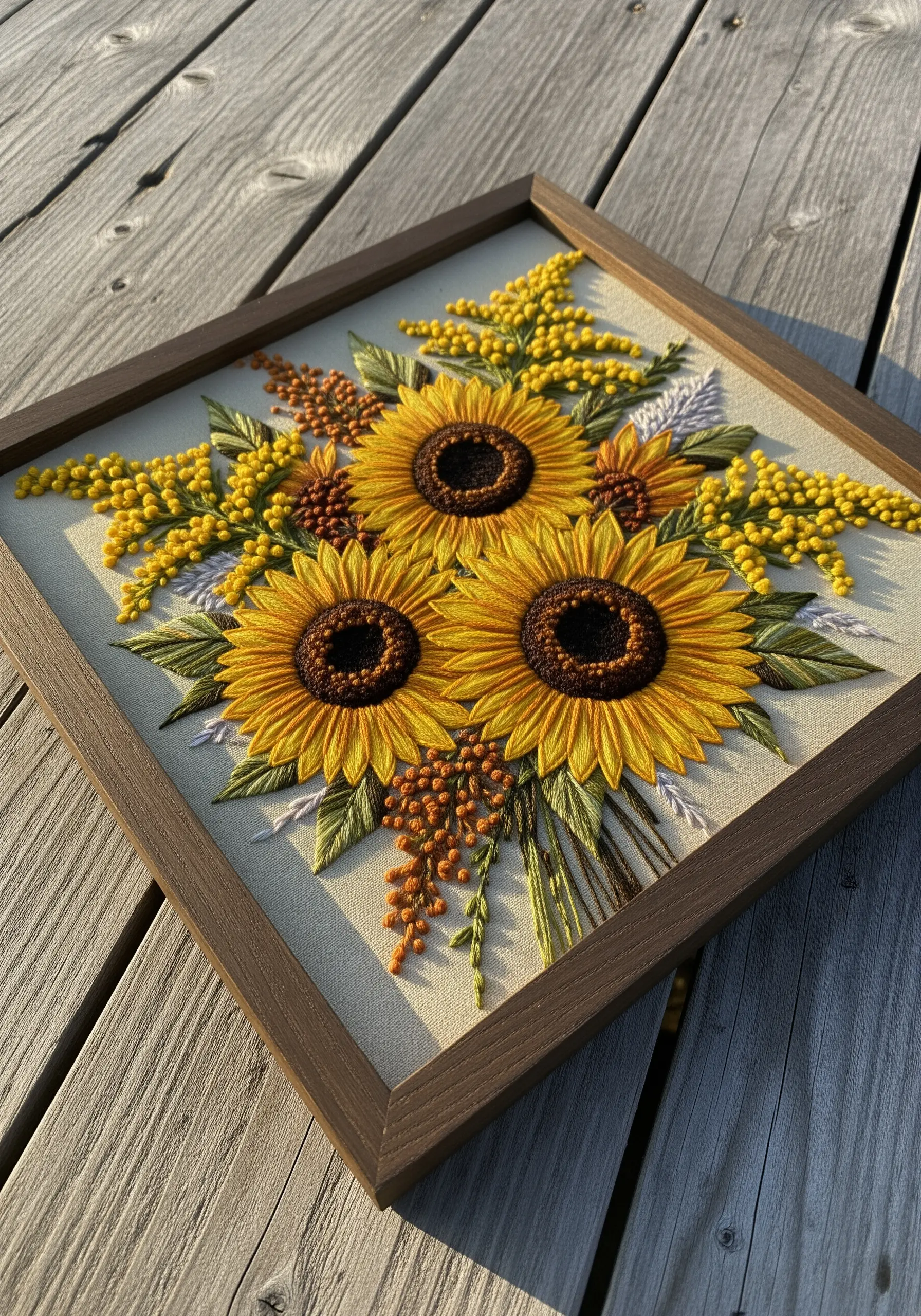 Framed embroidery of three bold sunflowers with textural centers and yellow filler flowers.