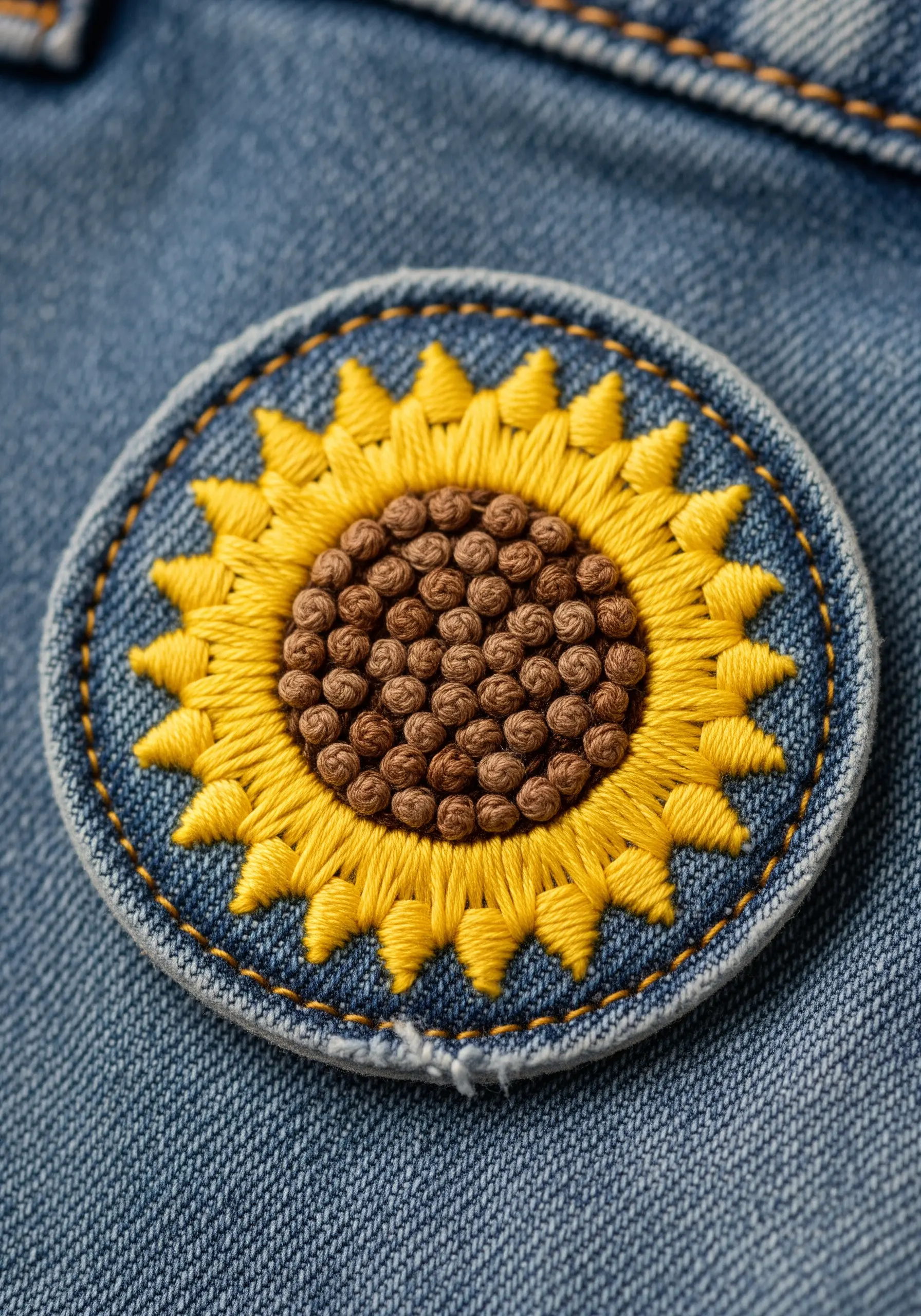 An embroidered sunflower patch with a dense French knot center on a denim background.