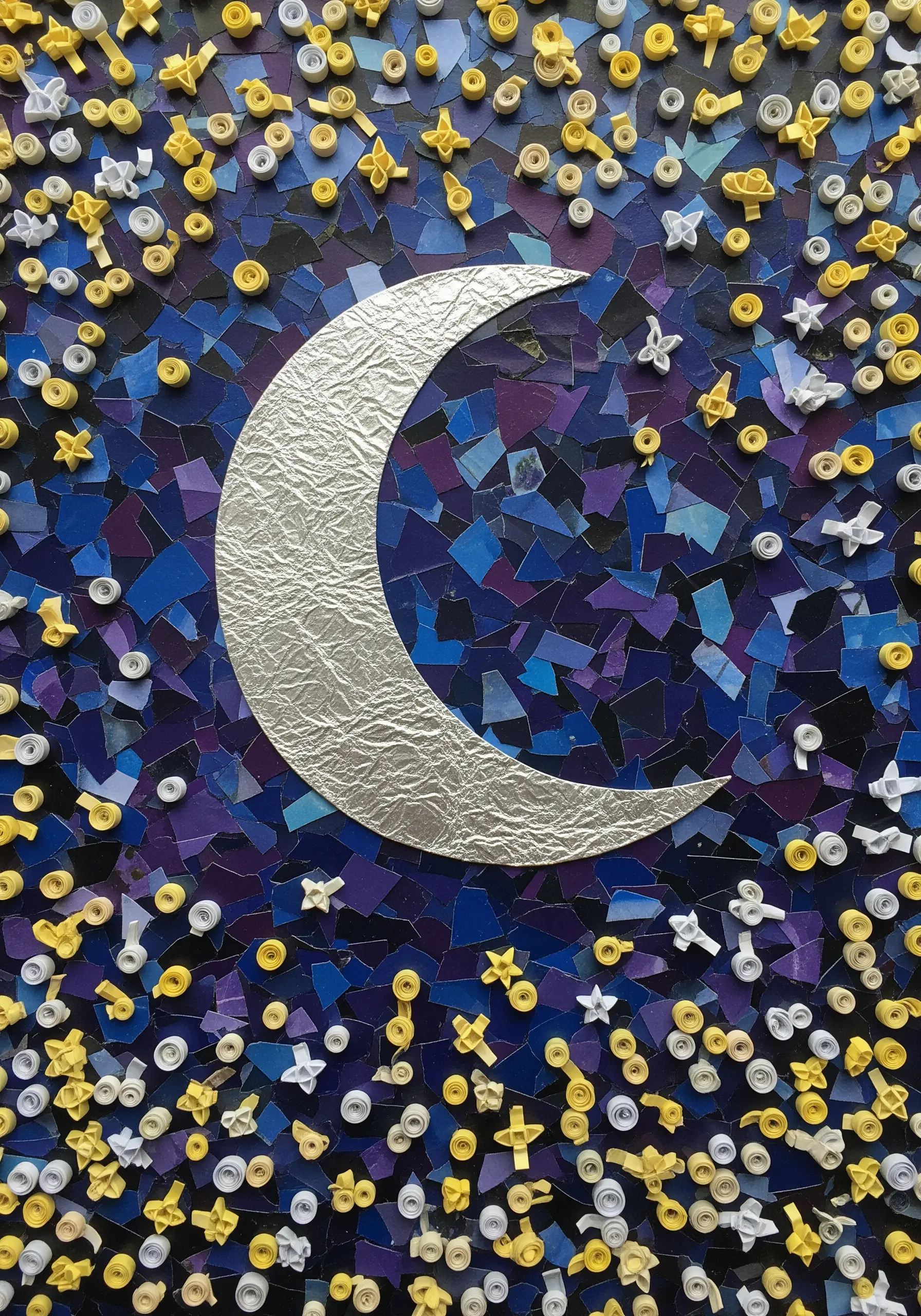 A paper collage of a silver crescent moon against a mosaic of blue and purple paper.
