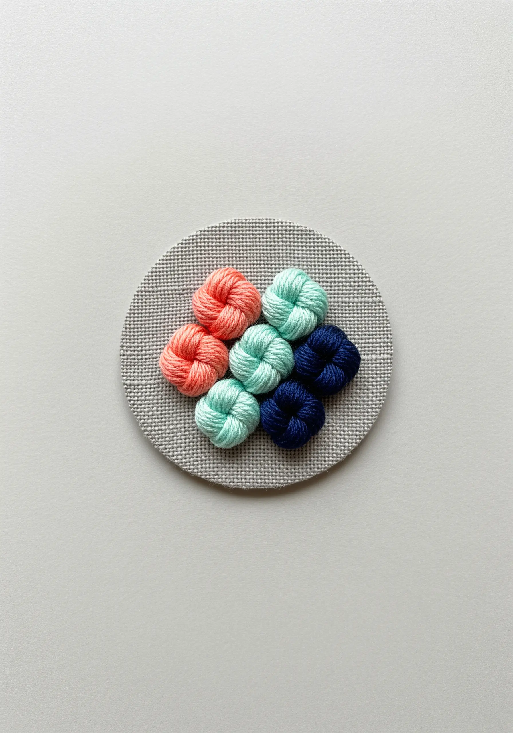 A cluster of coral, mint, and navy woven picot stitches on grey Aida cloth.