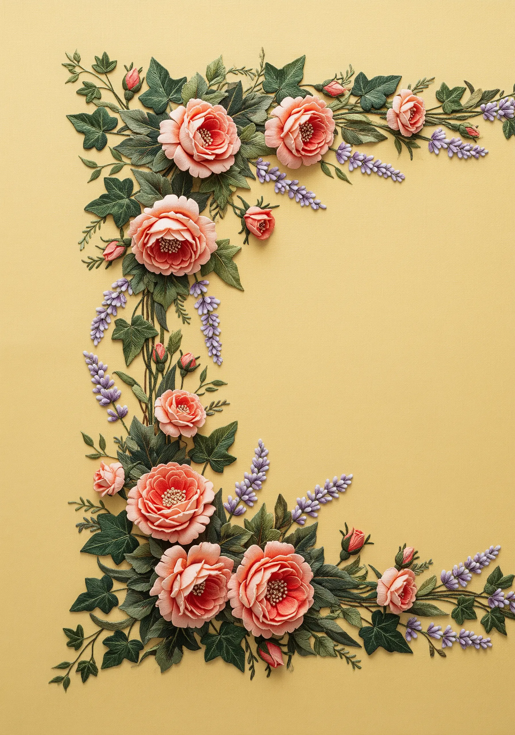 A highly textural, 3D floral corner embroidery with padded pink roses and lavender on yellow fabric.