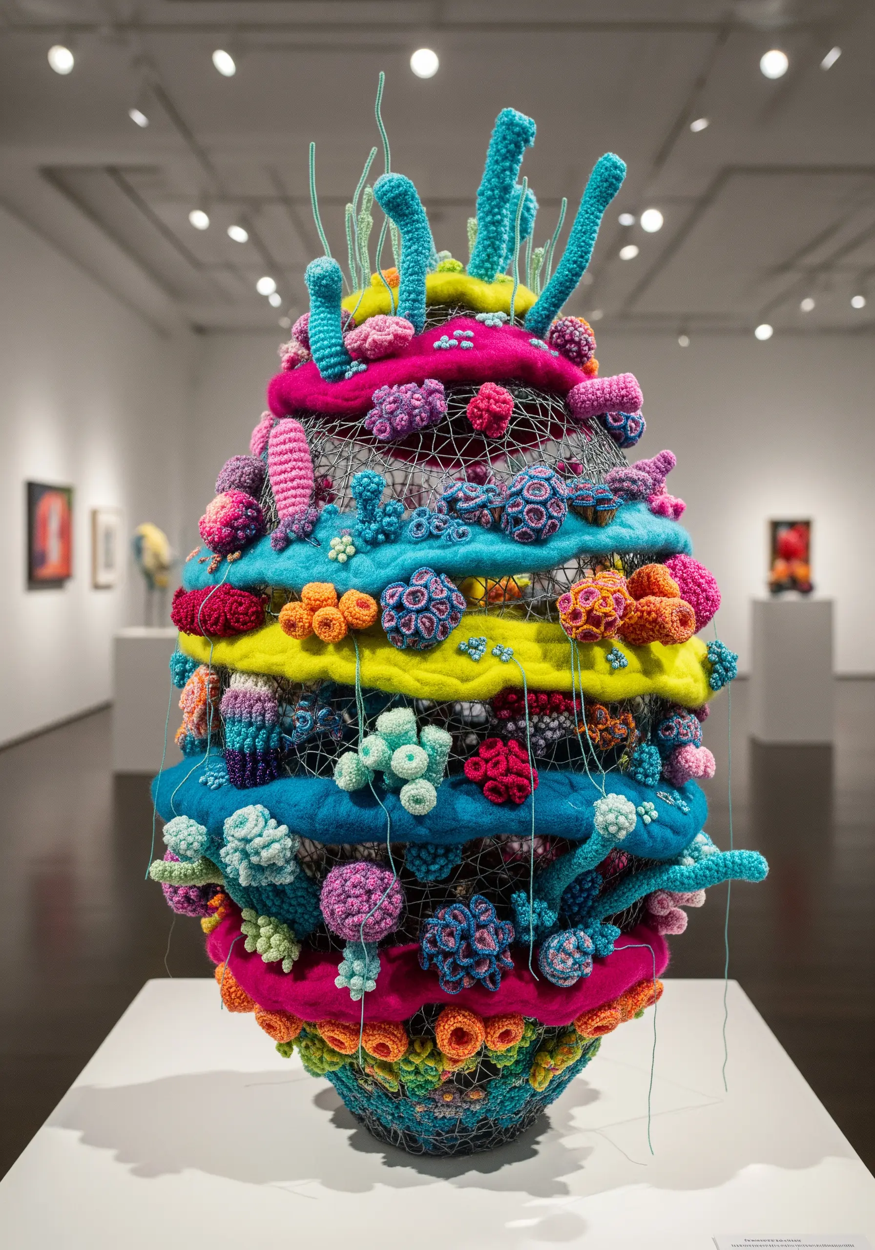 Colorful fiber art sculpture with crocheted and needle-felted coral-like textures.