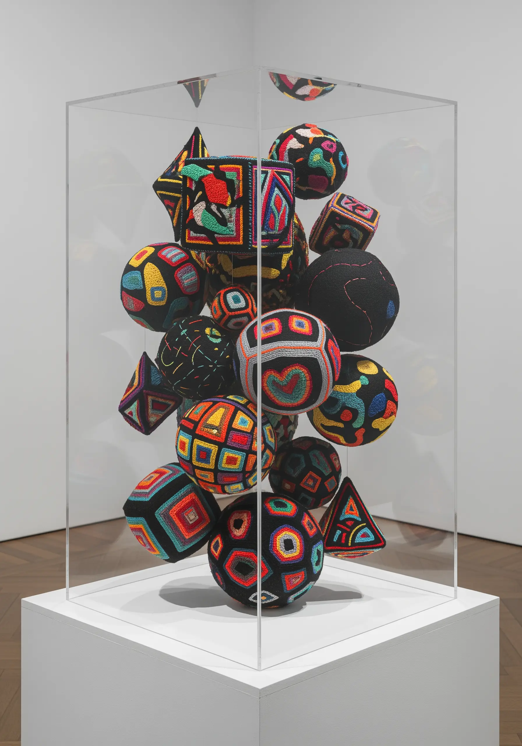 A collection of 3D embroidered spheres and cubes with colorful geometric patterns.