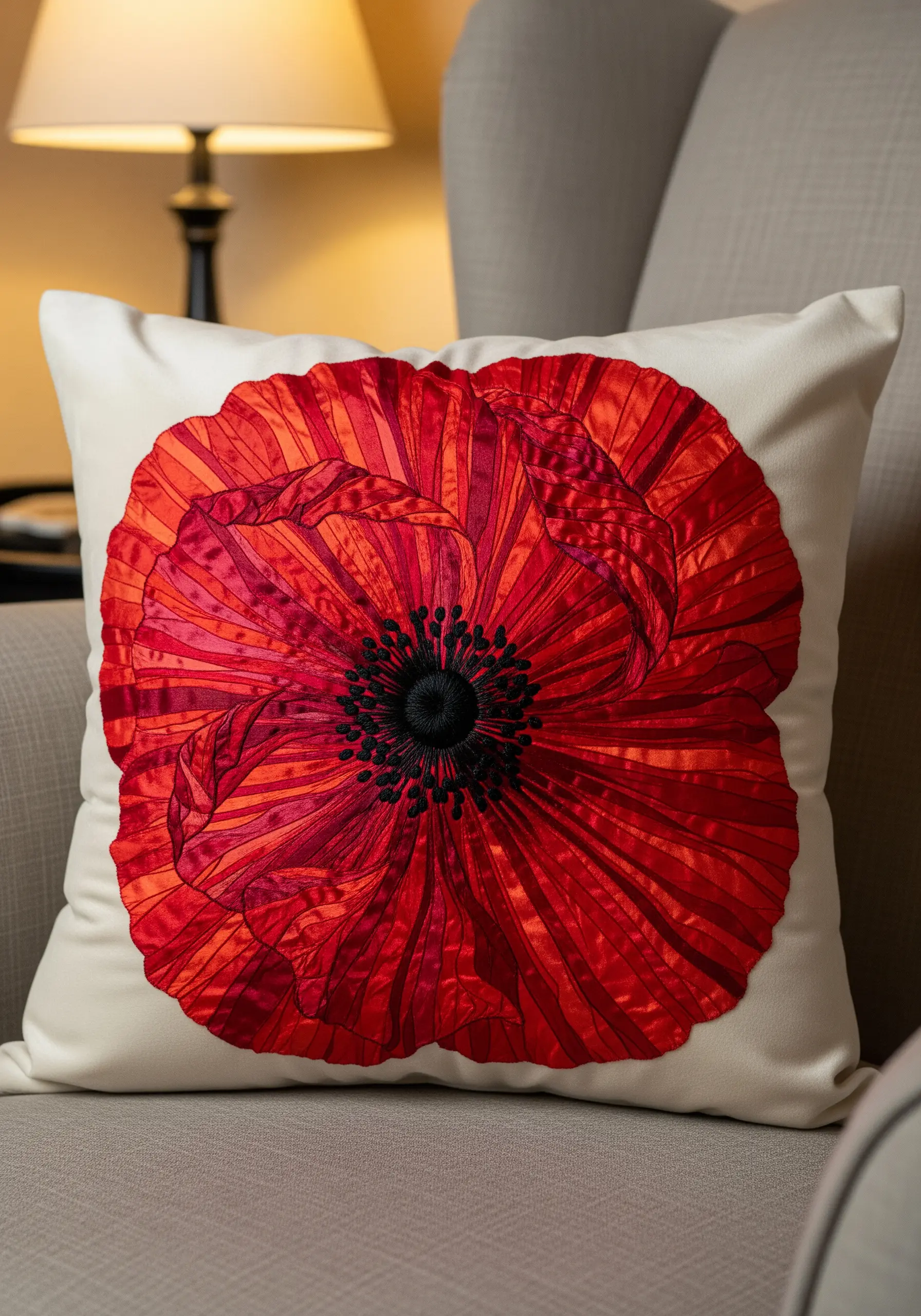 A vibrant red poppy on a cushion, created with layered fabric and ribbon for a 3D effect.