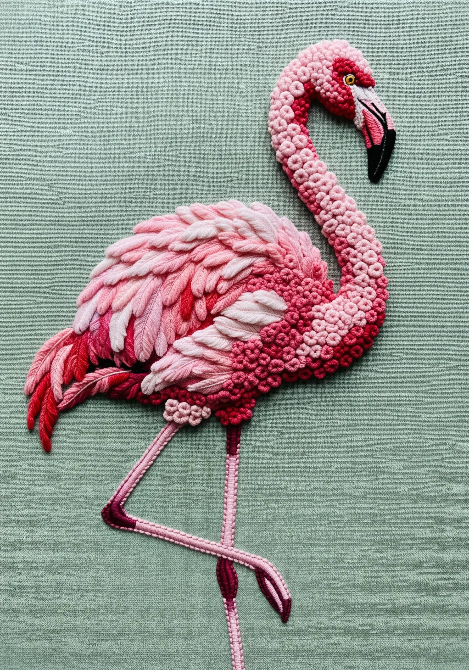 A highly textured 3D flamingo made with French knots and layered detached chain stitches.
