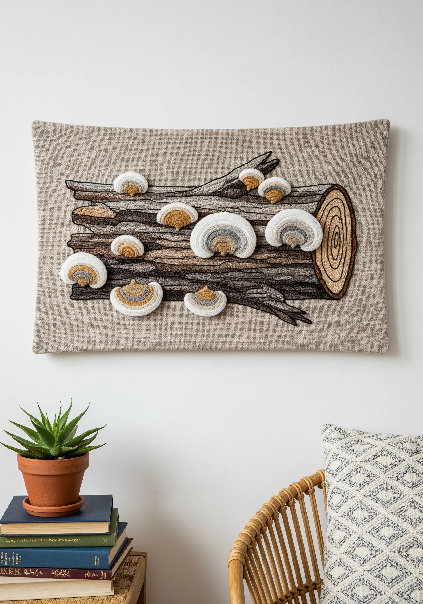 Embroidered log with dimensional, padded shelf fungi in concentric colors.