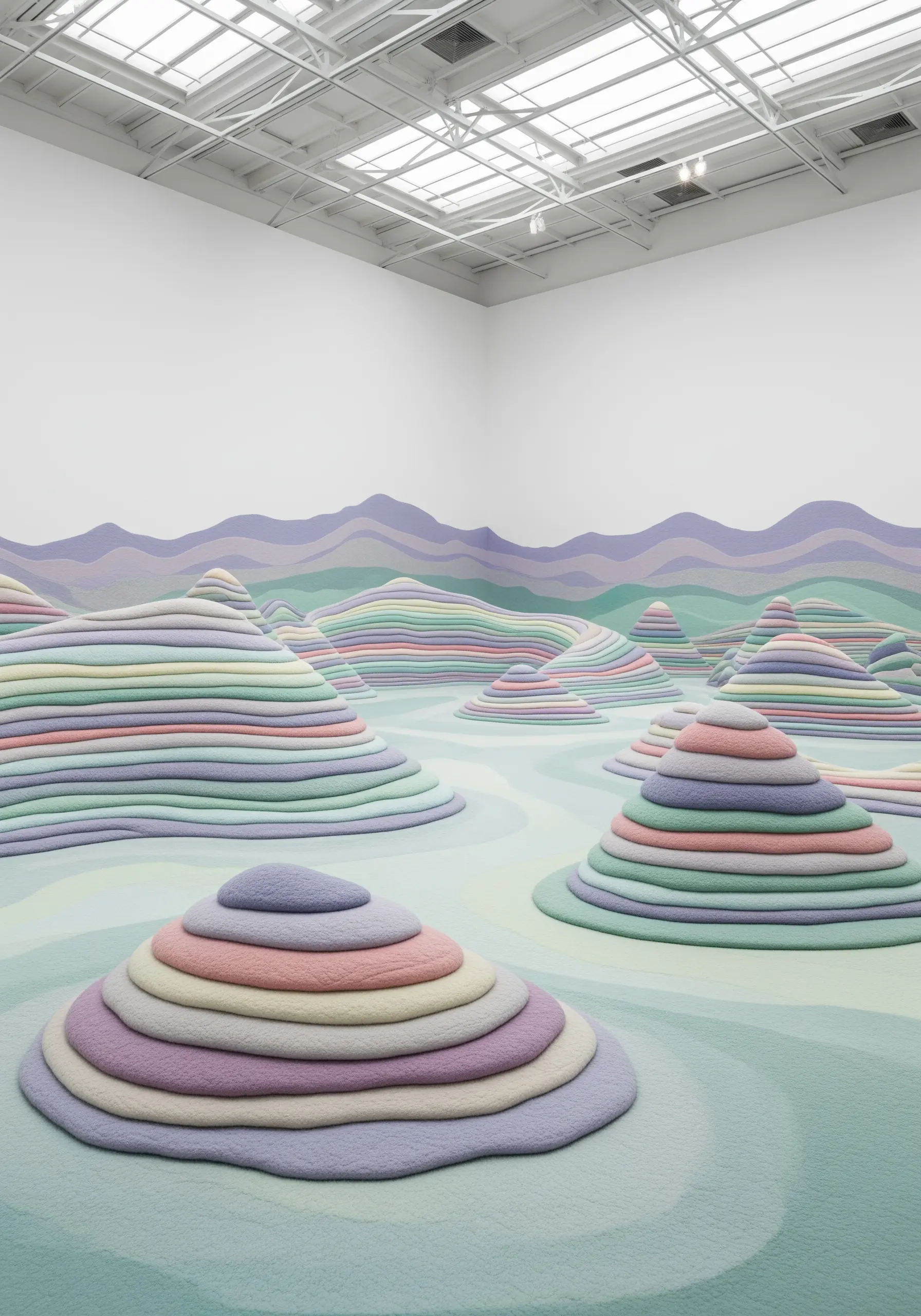 Soft, pastel-colored mounds created with padded satin stitch for a 3D topographic effect.