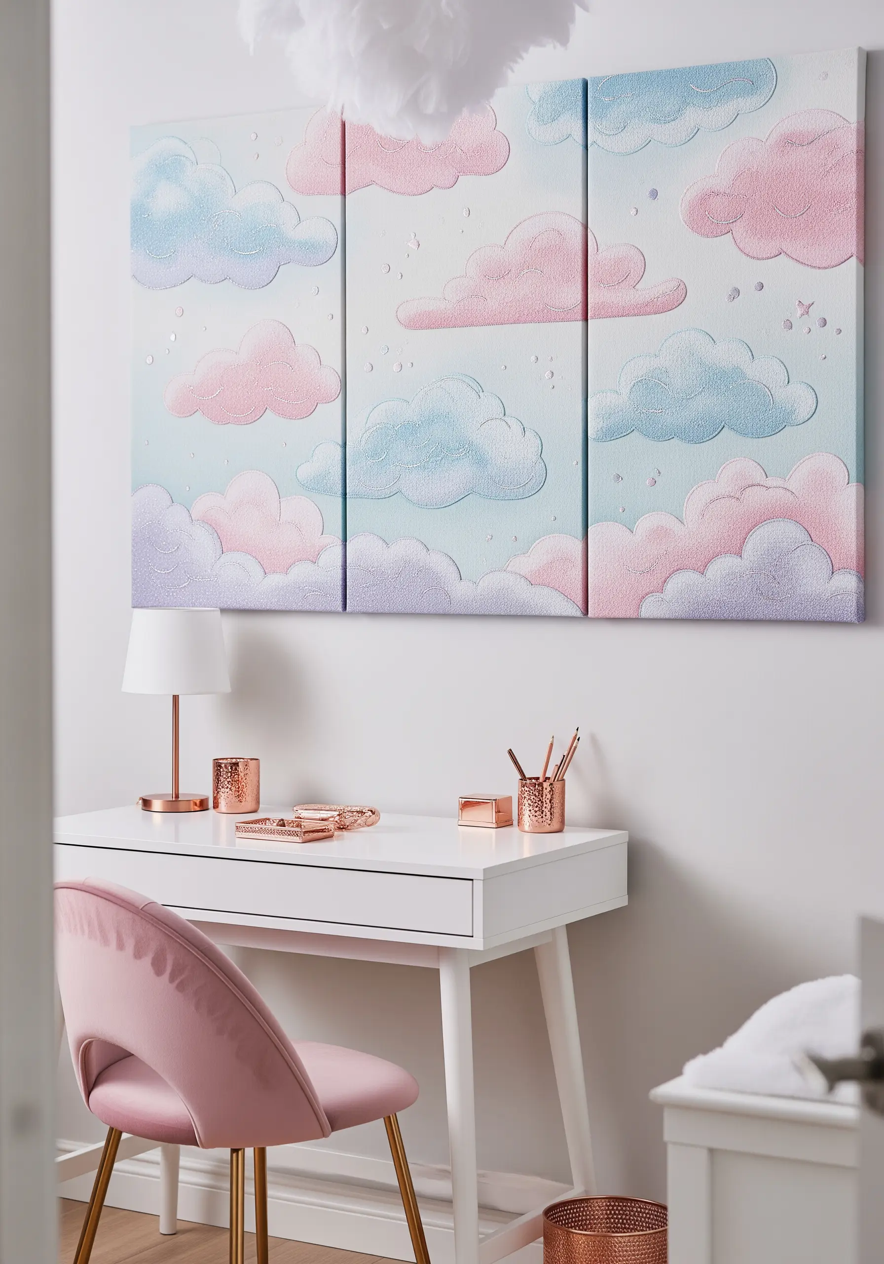 A triptych of pastel canvases with puffy, three-dimensional embroidered clouds in pink and blue.